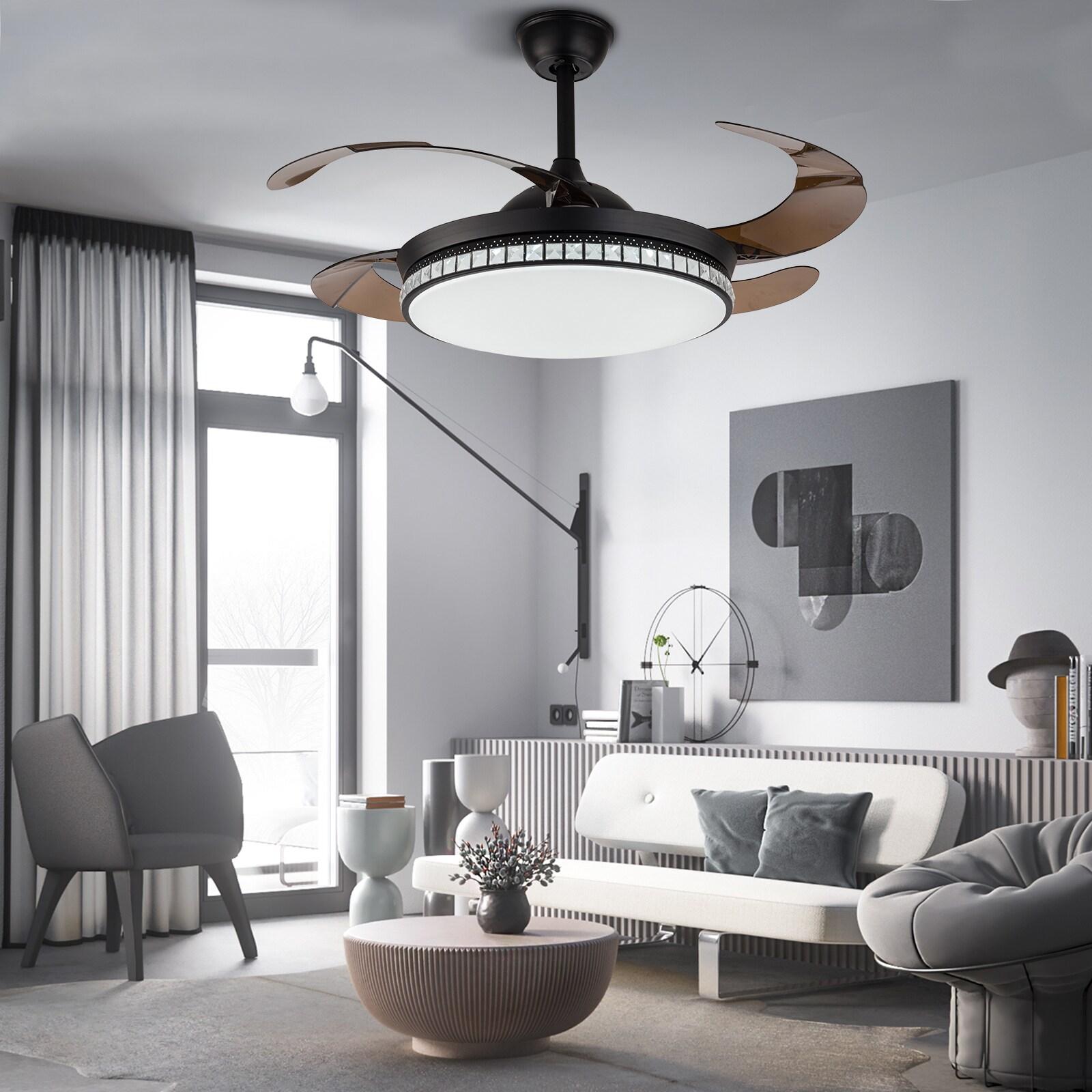 42 inch Modern Ceiling Fan with Light Remote Contro, 4-Blades Retractable LED Chandelier Fan Ceiling Light Fixture for Dining Room Living Room Black