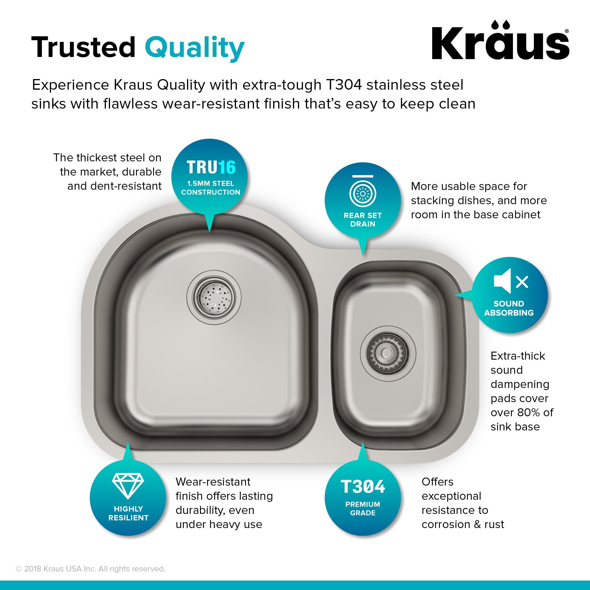 KRAUS Premier 30-inch L 16 Gauge Undermount 60/40 Double Bowl Stainless Steel Kitchen Sink