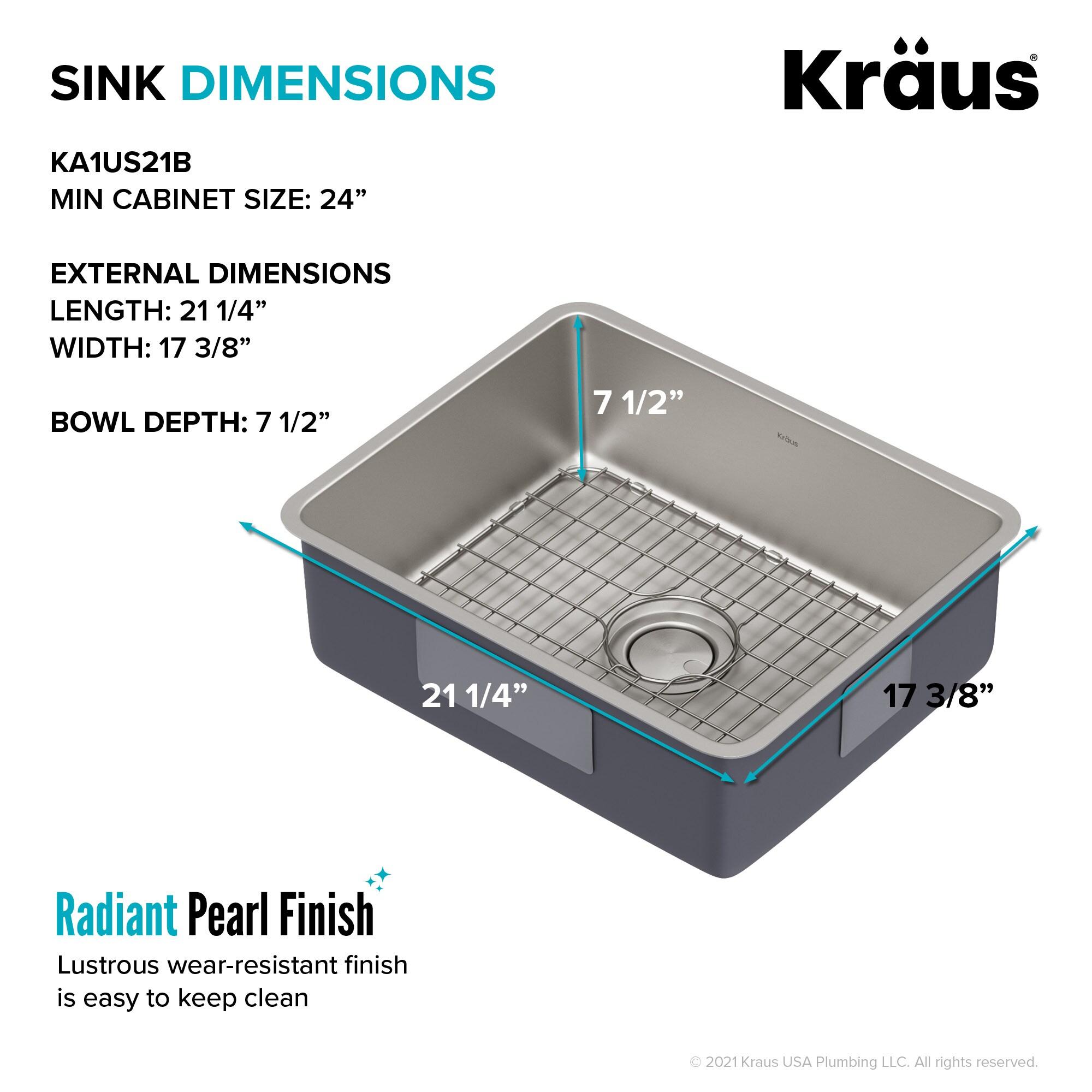 Dex™️ Series KRAUS 21" L Undermount 16 Gauge Stainless Steel Single Bowl Kitchen Sink