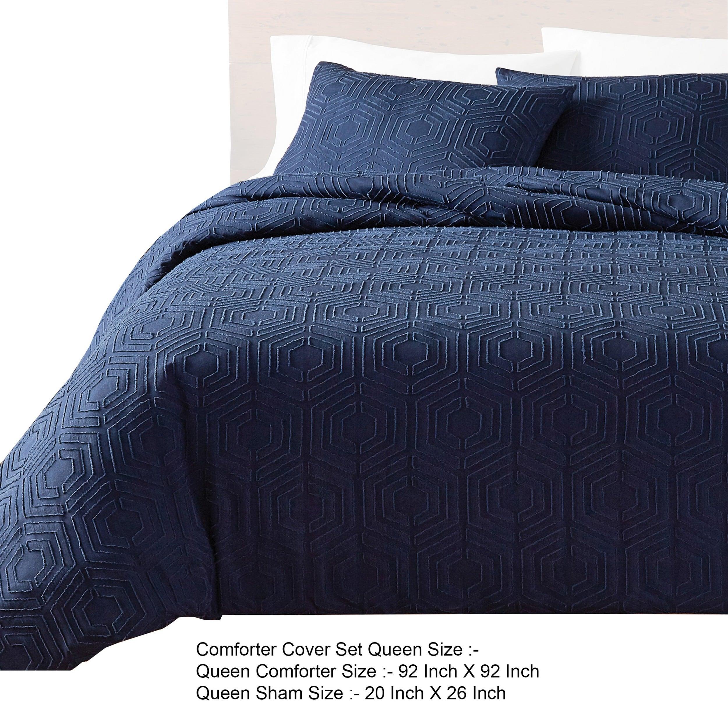 Jose 3 Piece Queen Size Comforter Set - Matching Shams - Jacquard Navy Blue