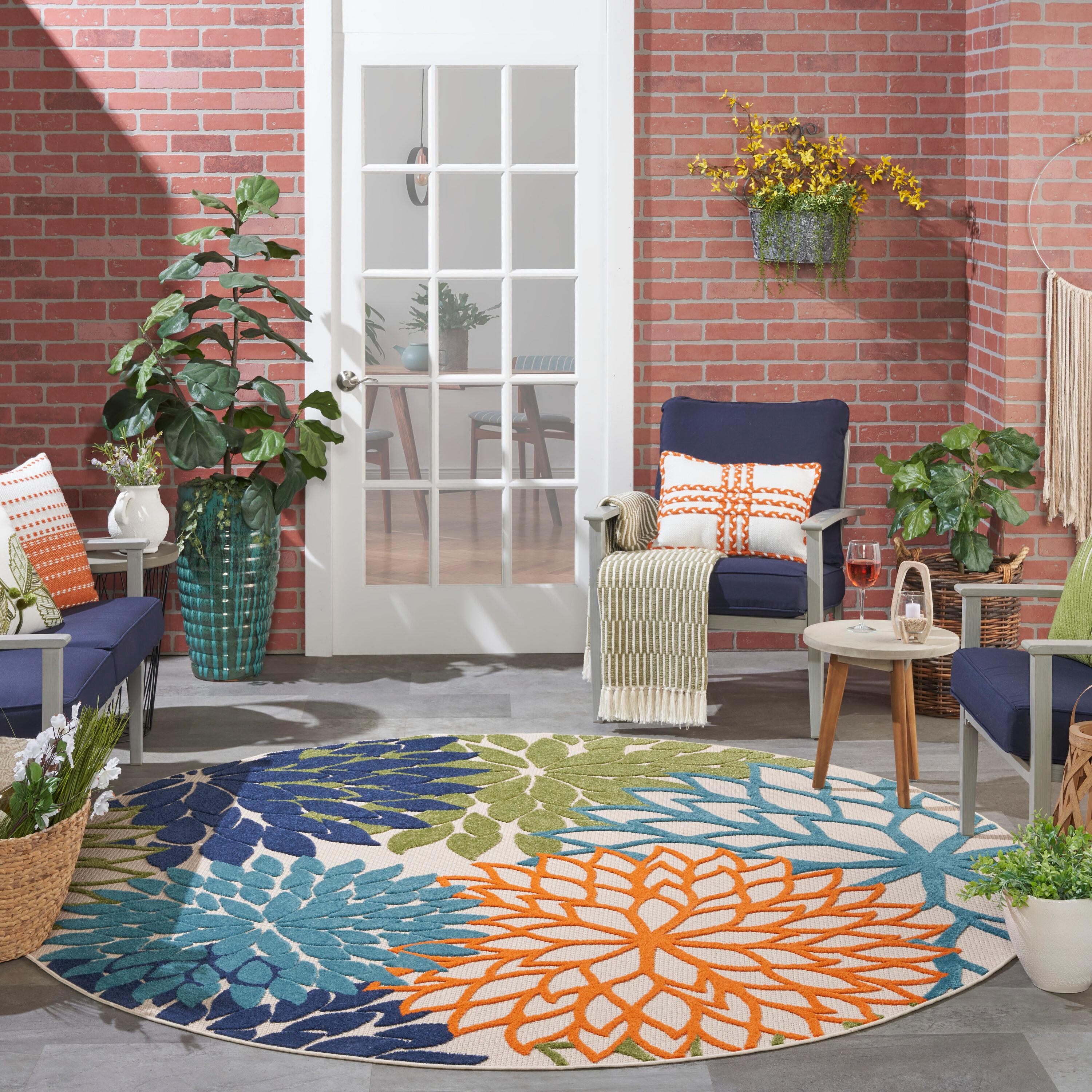 Nourison Aloha Floral Bloom Flatweave High-Low Indoor Outdoor Round Rug Multicolor 7'10" x 7'10"