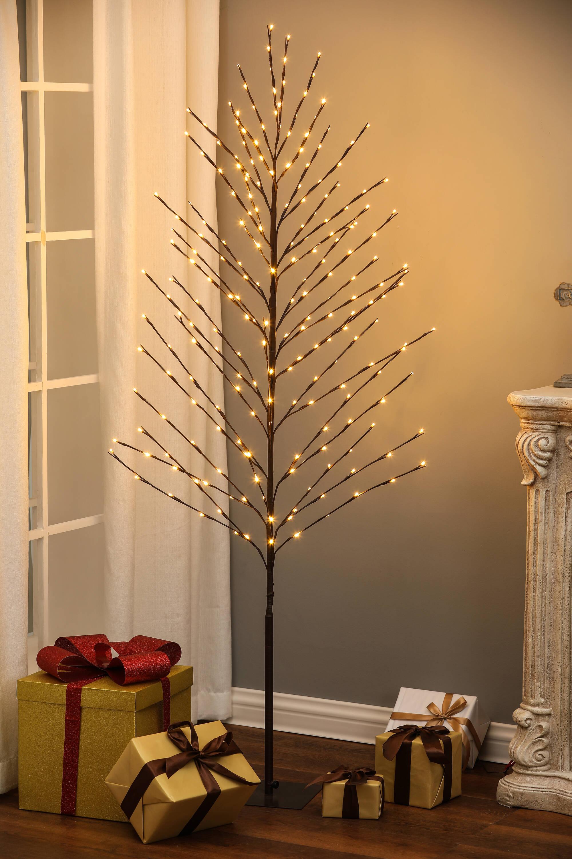 LuxenHome Lighted LED 5.9Ft Brown Birch Twig Tree Decoration, Artificial Birch Tree with Metal Base