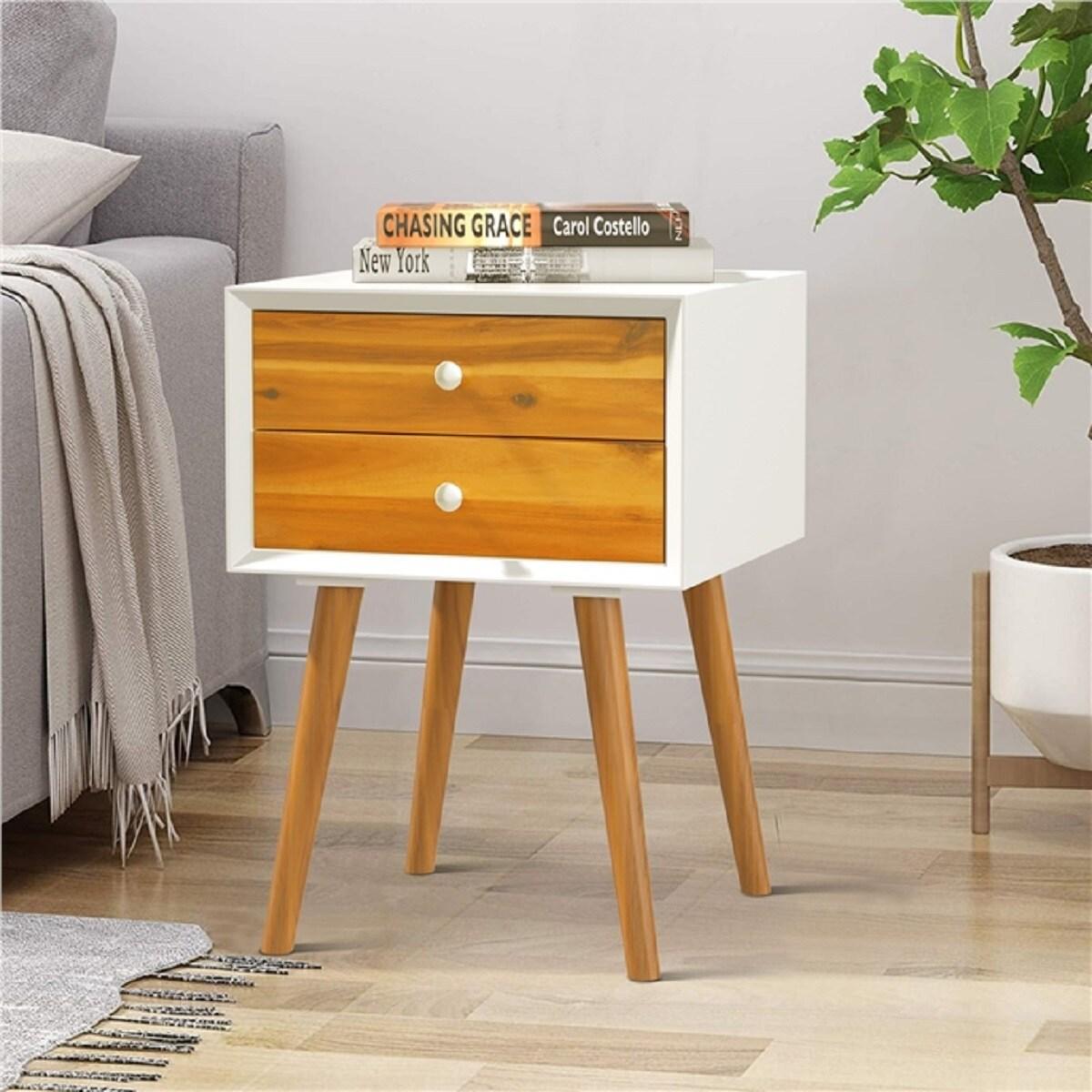 Giantex Mid Century Modern Nightstand, Wooden Bedside Tables w/ 2 Storage Drawers & Solid Wood Legs, Practical End Side Table for Living Room Bedroom, White & Walnut