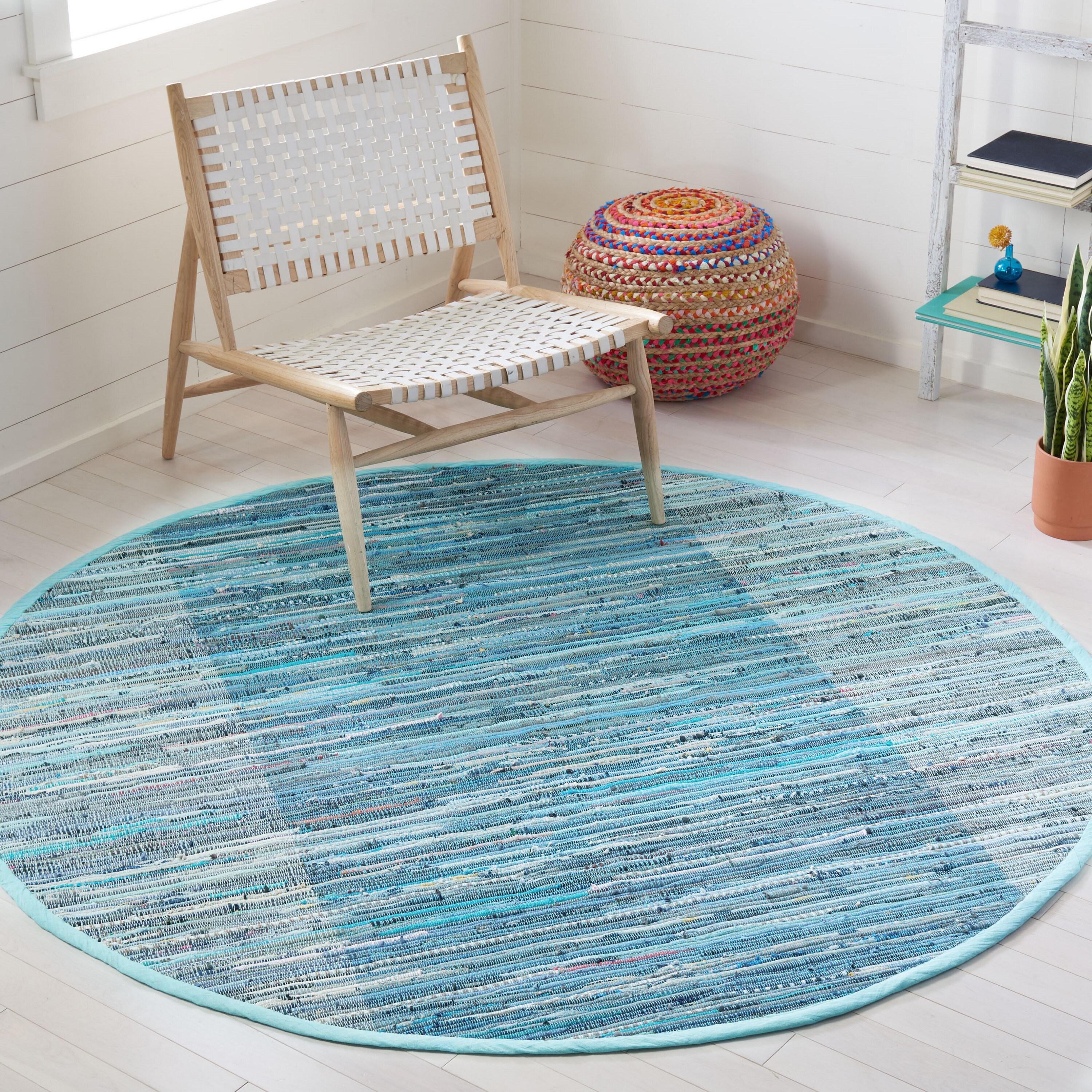 Rag Area Rug RAR122 Hand Woven Area Rug - Light Blue/Grey - 6' Round - Safavieh.