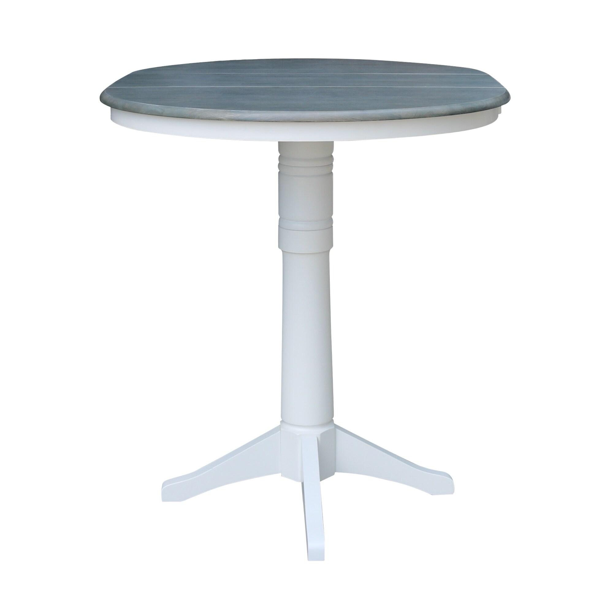 36 in. Round Top Pedestal Bar Height Table with 12 in. Leaf, White & Heather Gray