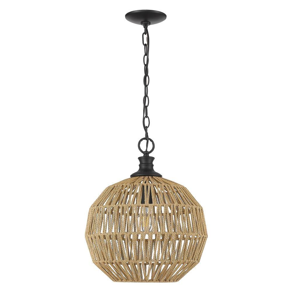 Golden Lighting Florence 1-Light Pendant in Matte Black with Natural Raphia Rope