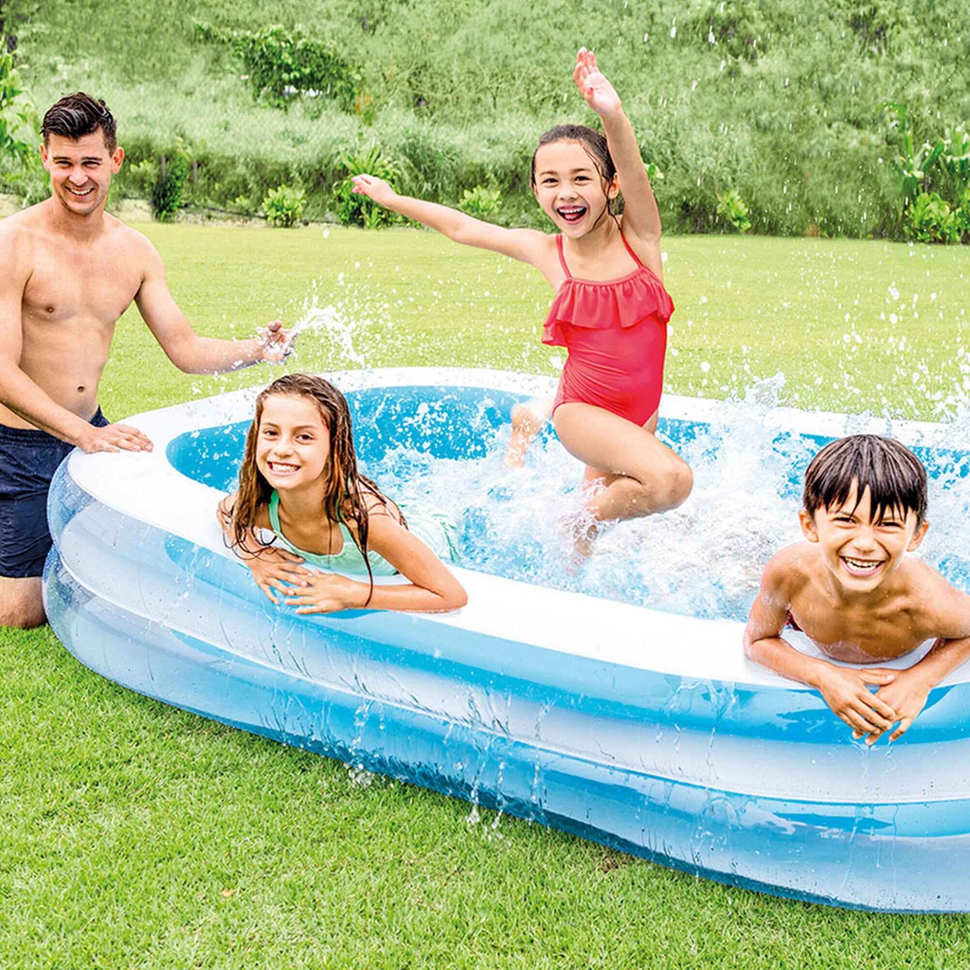 Intex Kool Splash Inflatable Play Center Swimming Pool Water Slide, Blue, and Inflatable 8.5'x5.75' Swim Center Family Pool for 2-3 Kids, Blue & White