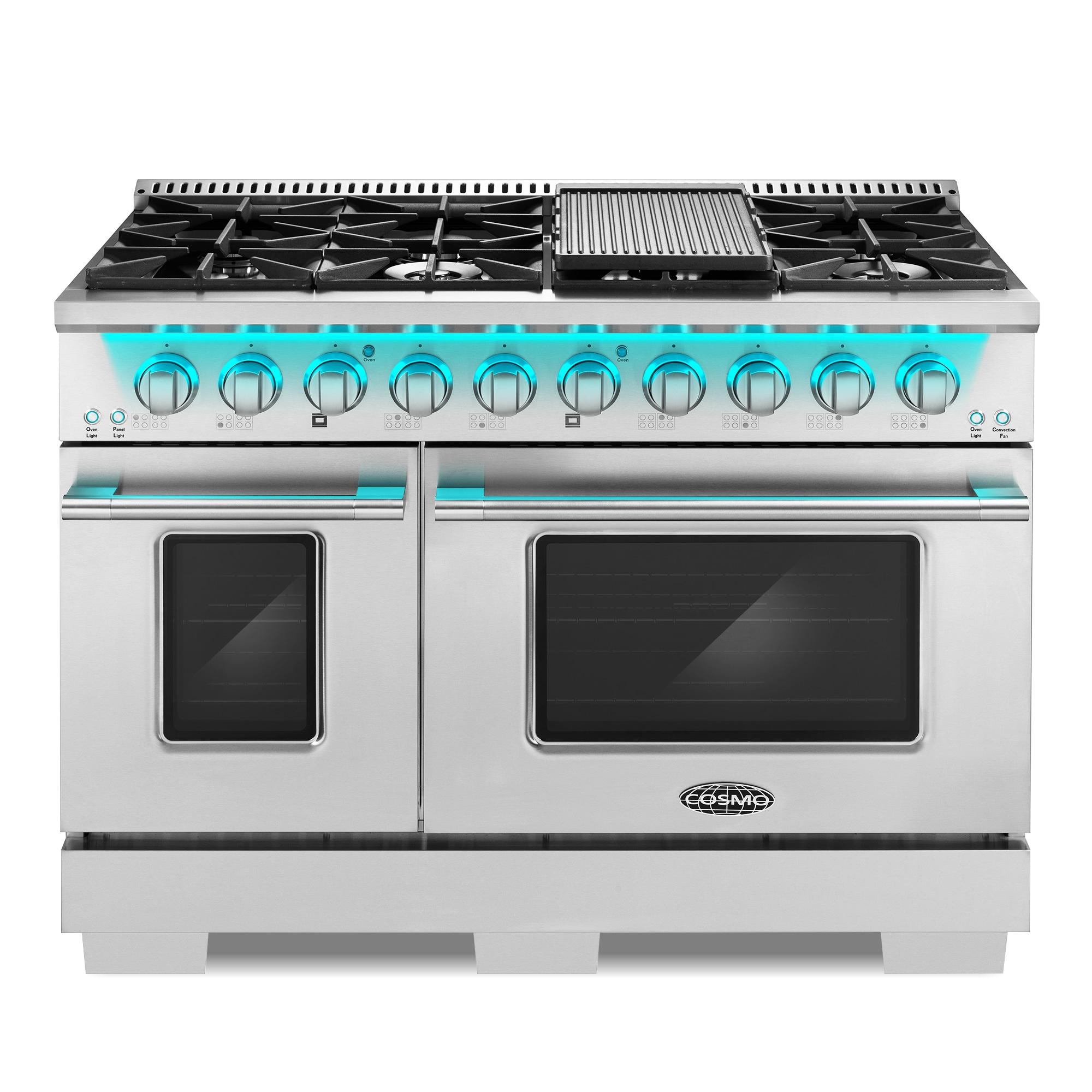 Cosmo COS-DFRP488K Cosmo 48 In. Lumin Collection 5.5 Cu. Ft. Double Oven Dual Fuel Range With 8 Burners, Cast Iron Grates In Stainless Steel