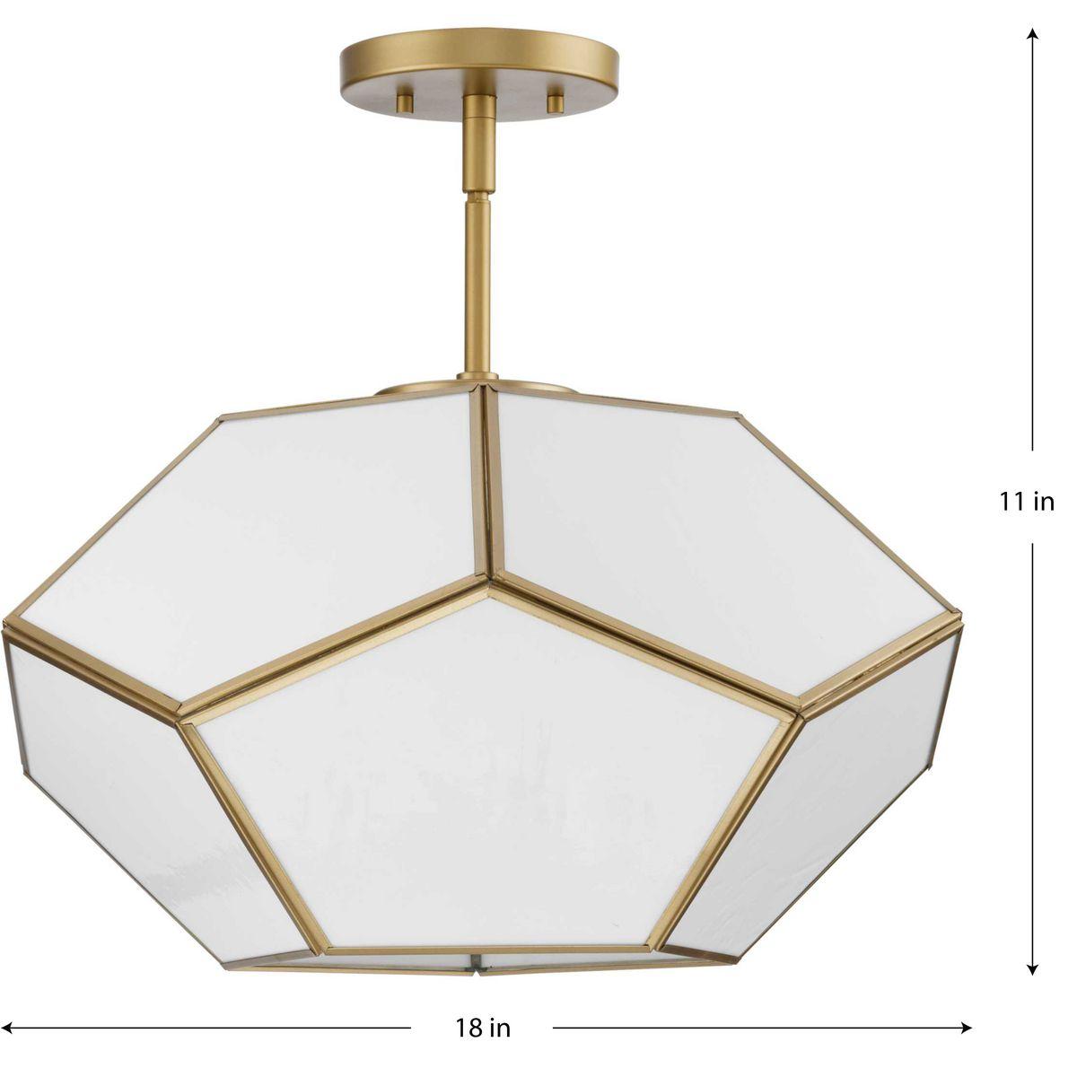 Progress Lighting Latham 3-Light Semi-Flush Mount, Vintage Gold, White Art Glass. Geometric framework with handmade glass.