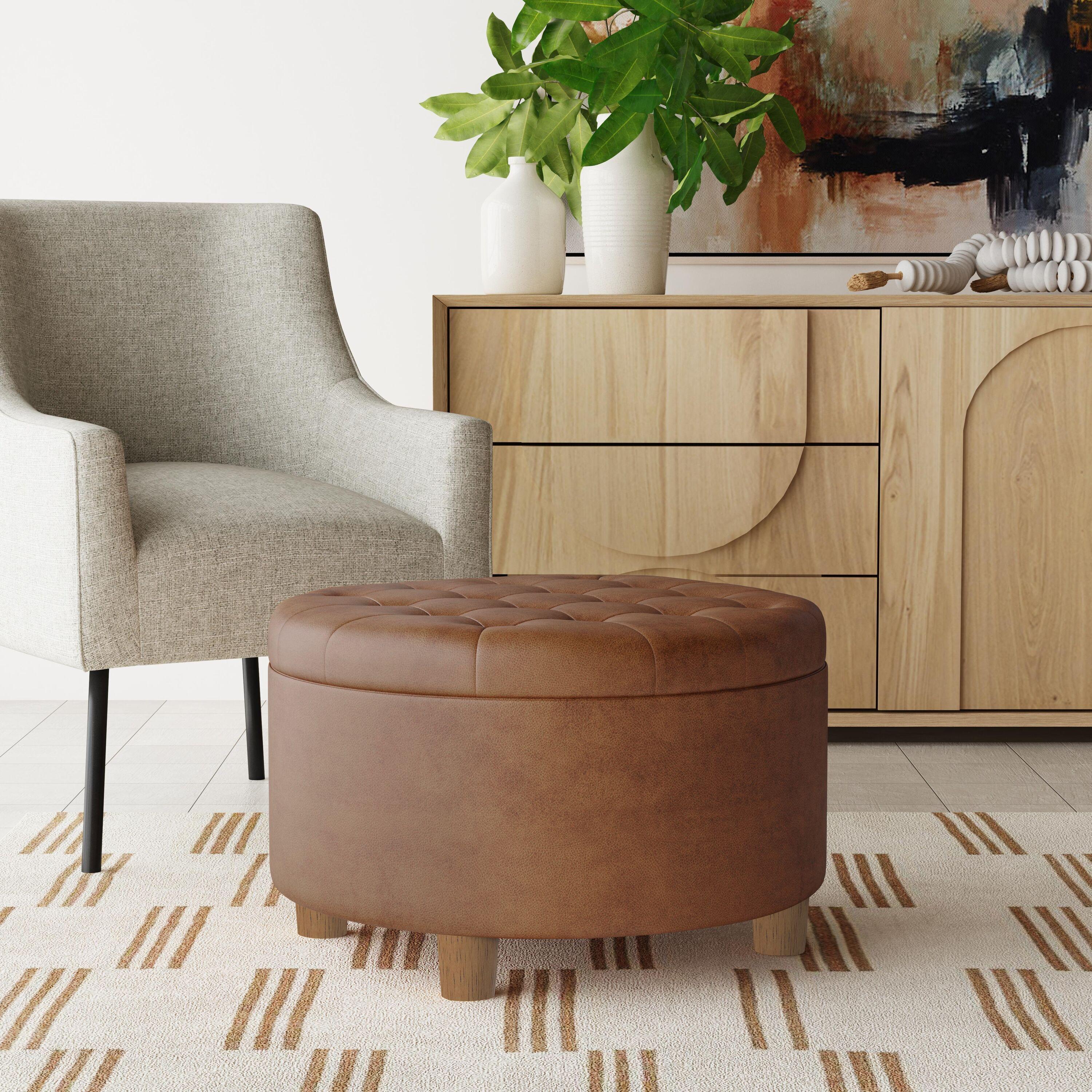 HomePop Tufted Faux Leather Round Storage Ottoman Brown: Upholstered Traditional Decor, Hardwood Frame