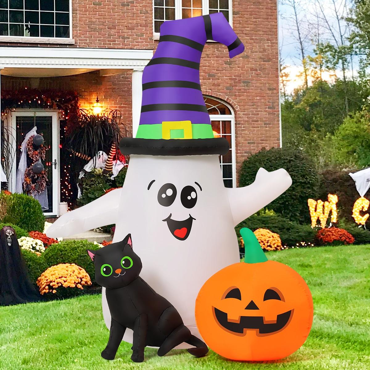 5 FT Halloween Inflatables Ghost Outdoor Decorations Blow Up Yard Cute Wizard Ghost With Pumpkin Black Cat With Built-In Leds For Garden Lawn Indoor Party Decor