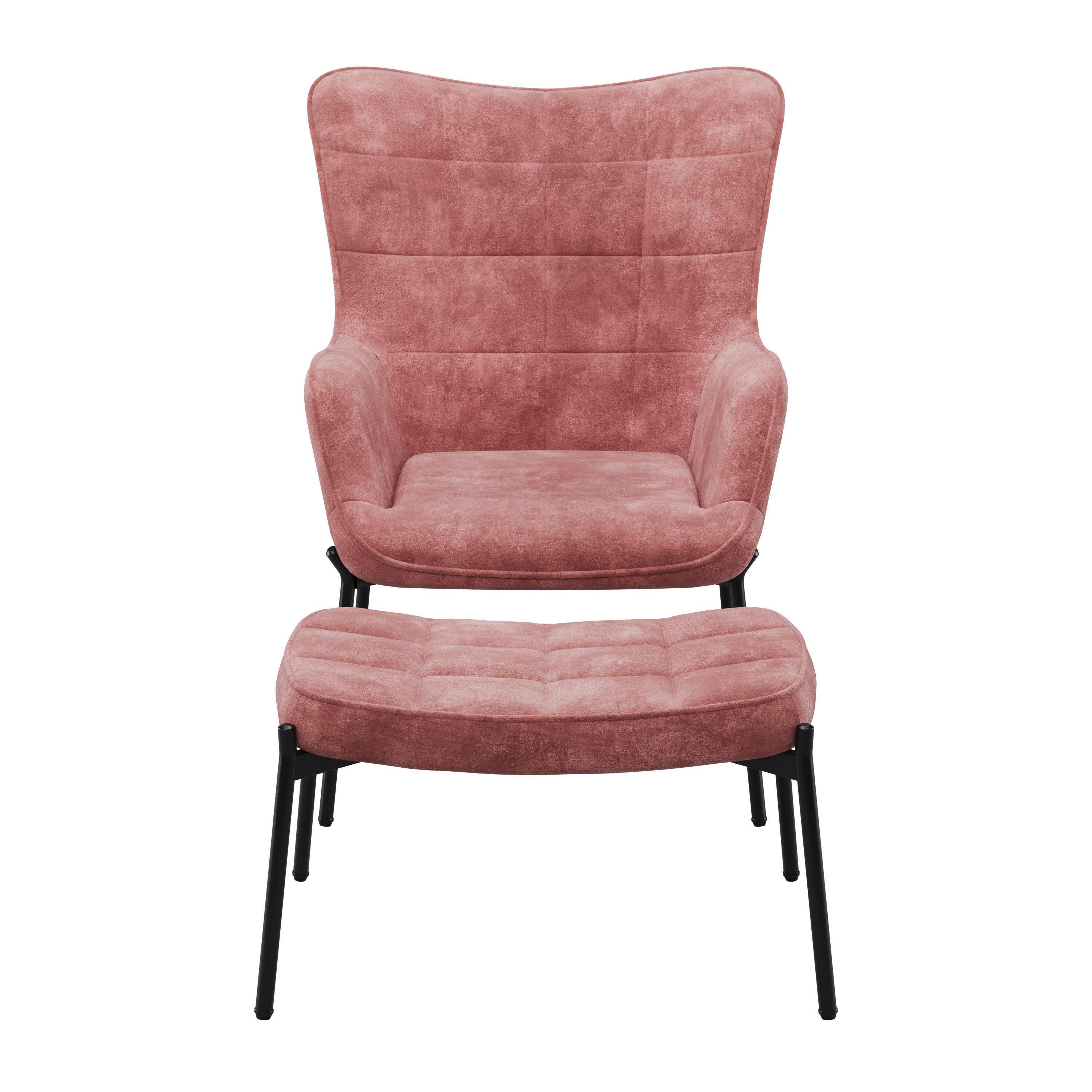 Charlotte Salmon Pink Velvet Fabric Wingback Accent Chair with Foot Stool