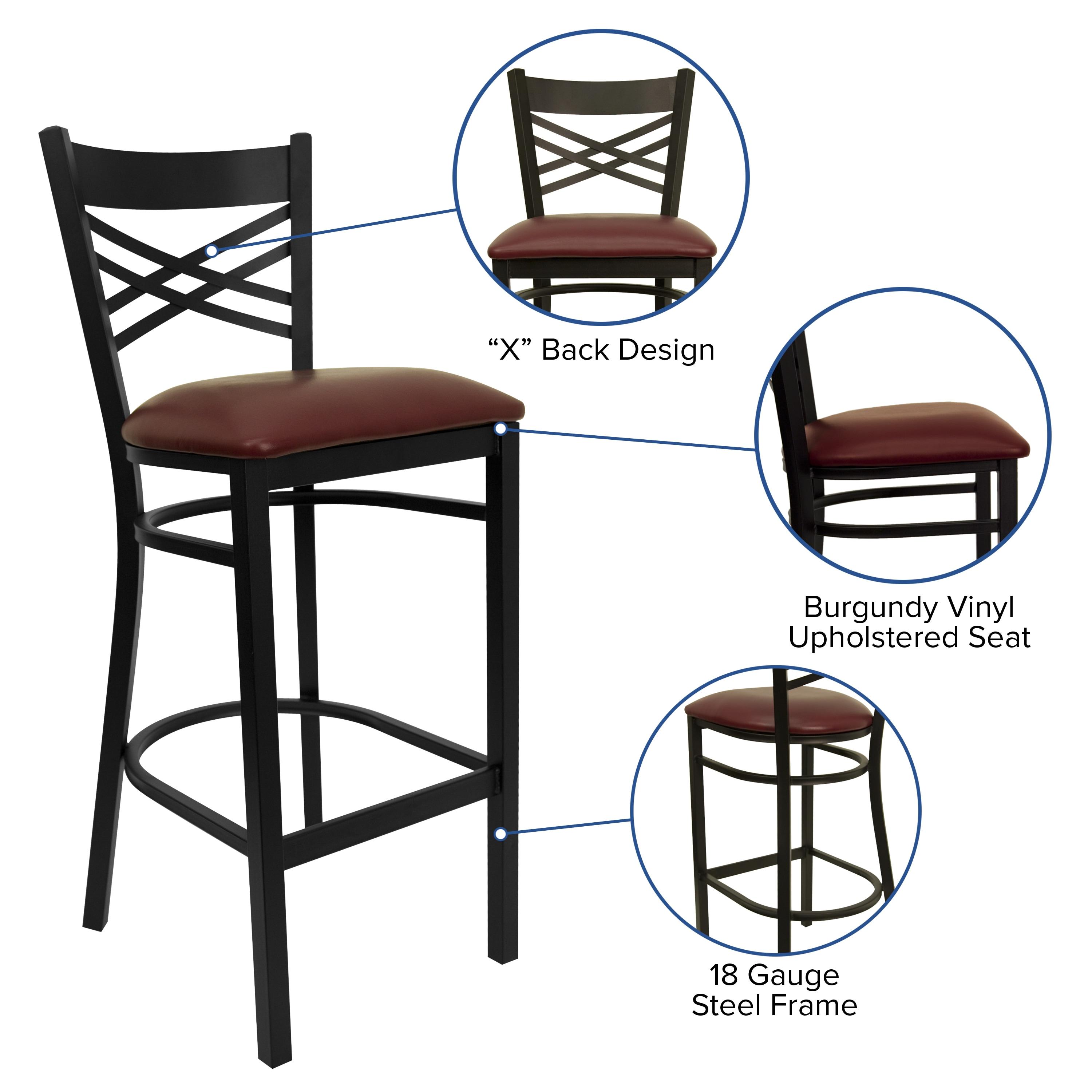 Flash Furniture HERCULES Series Black ''X'' Back Metal Restaurant Barstool - Burgundy Vinyl Seat