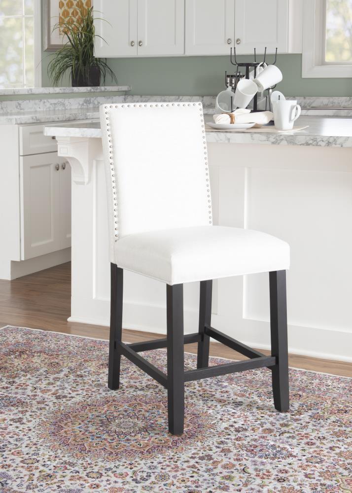 Linon 24" Stewart Padded Back and Seat Faux Leather Upholstered Counter Height Barstool - Glitz White: Elegant Nailhead Trim, Wood Legs