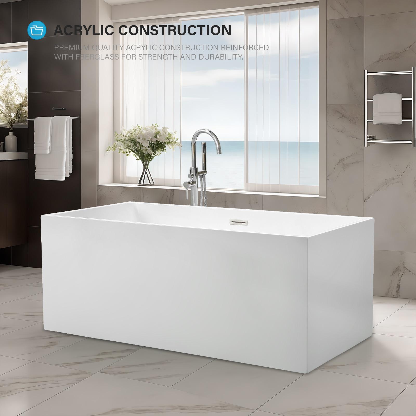 Vanity Art 67" Acrylic Freestanding Soaking Bathtub with Overflow and Pop-up Drain