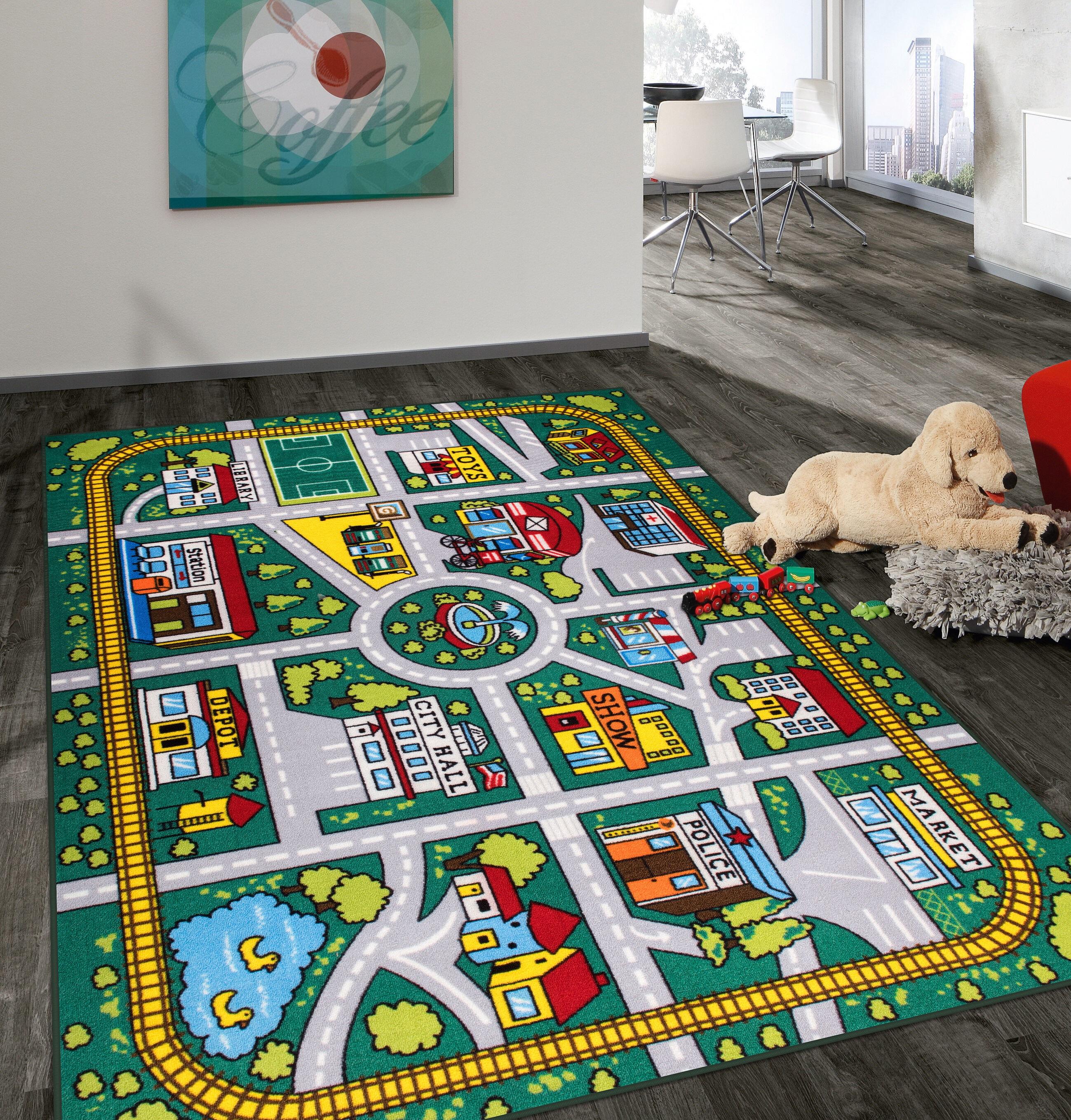 World Rug Gallery Kids Educational Learning City Life Road Non Slip Area Rug - Green 5' x 7'