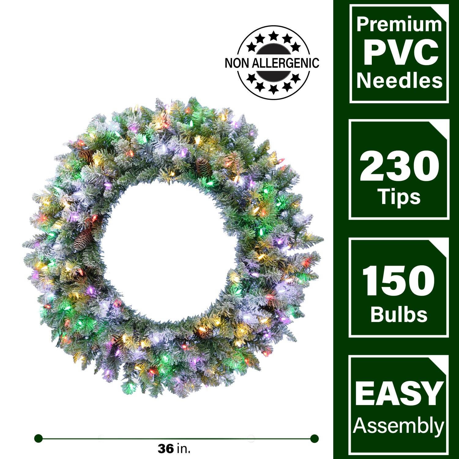 Fraser Hill Farm 36" Frosted Pine Wreath Door Hanging with Pinecones with Multi-Color LED Lightning