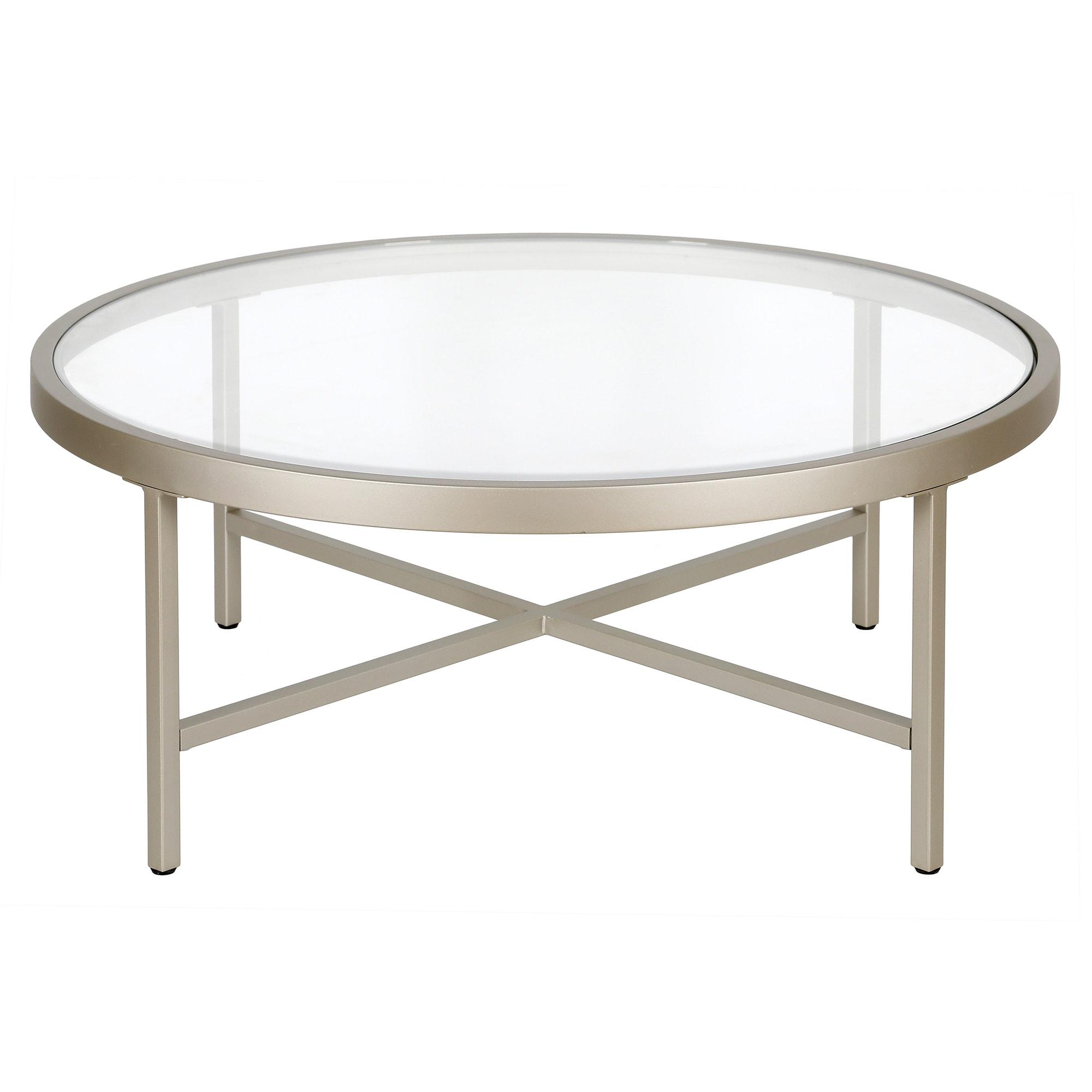 Evelyn&Zoe Xivil 36" Wide Round Coffee Table with Glass Top, Satin Nickel