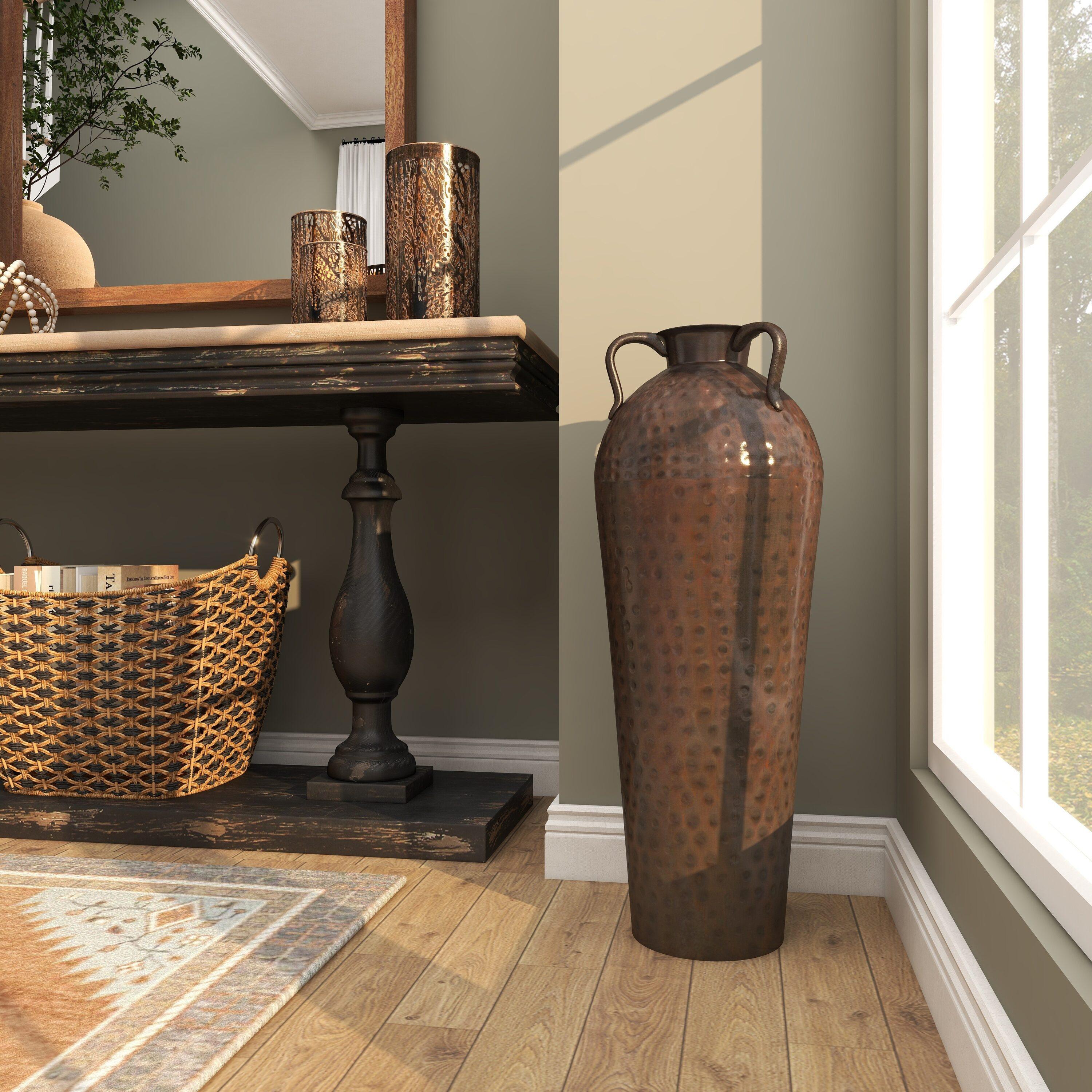 DecMode 28" Tall Floor Mediterranean Style Brown Metal Vase with Hammered Details and Handles