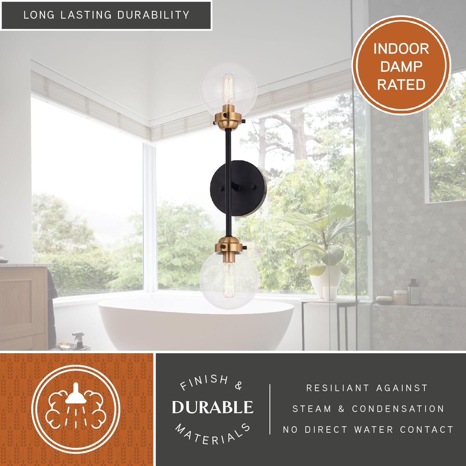 Vaxcel Orbit 2 Light Brass and Oil Rubbed Bronze Industrial MCM Wall Sconce Clear Glass Globe