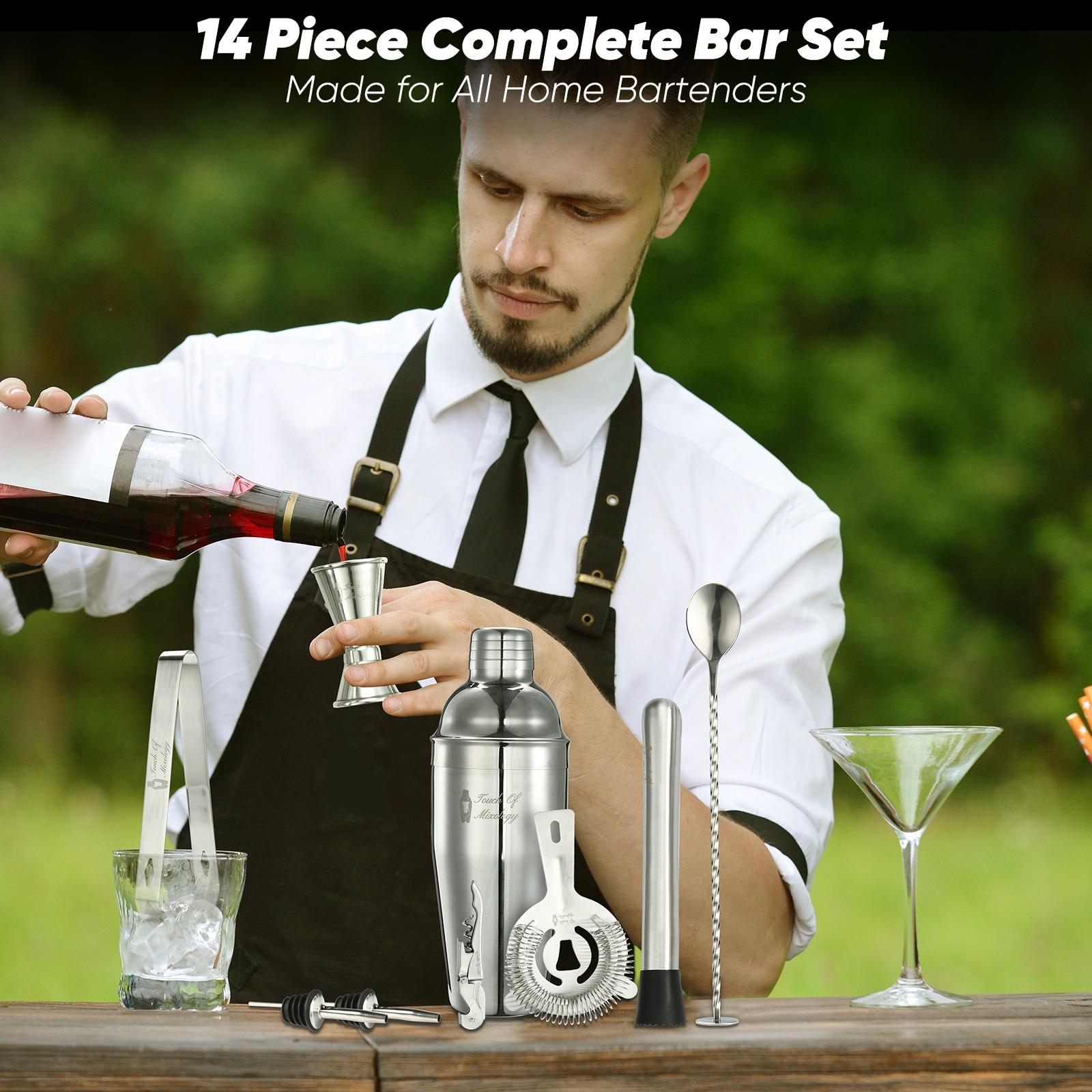 Touch of Mixology Premium 14 Piece Stainless Steel Bartender Kit with Bamboo Stand (Silver)