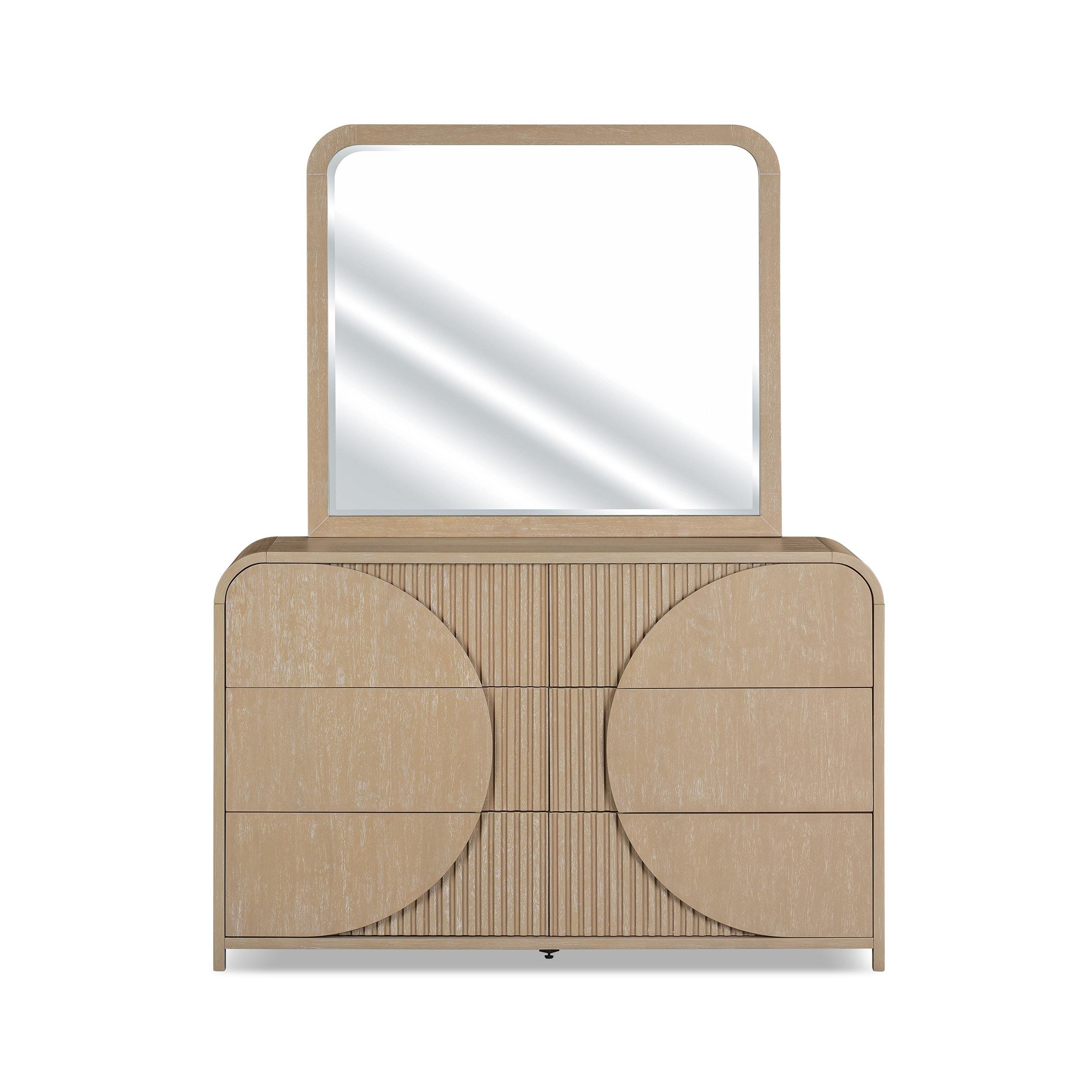 Furniture of America Tissen Modern Solid Wood 5-Piece Queen Bedroom Set with USB Ports, Reeded Panels, Curved Edges and Beveled Mirror, Box Spring Needed, Natural