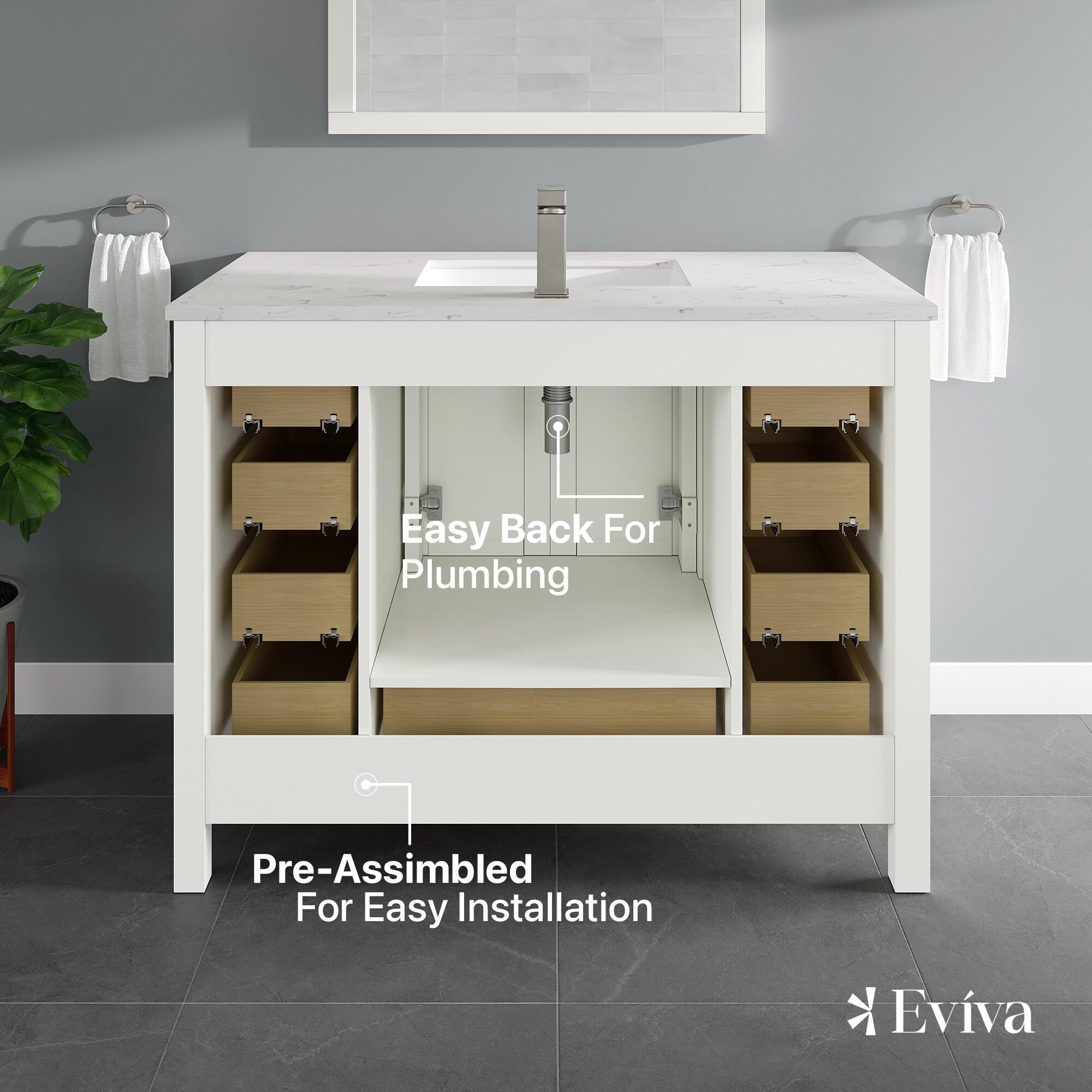 Eviva London 42"W x 18"D White Bathroom Vanity with White Carrara Quartz Countertop and Undermount Porcelain Sink