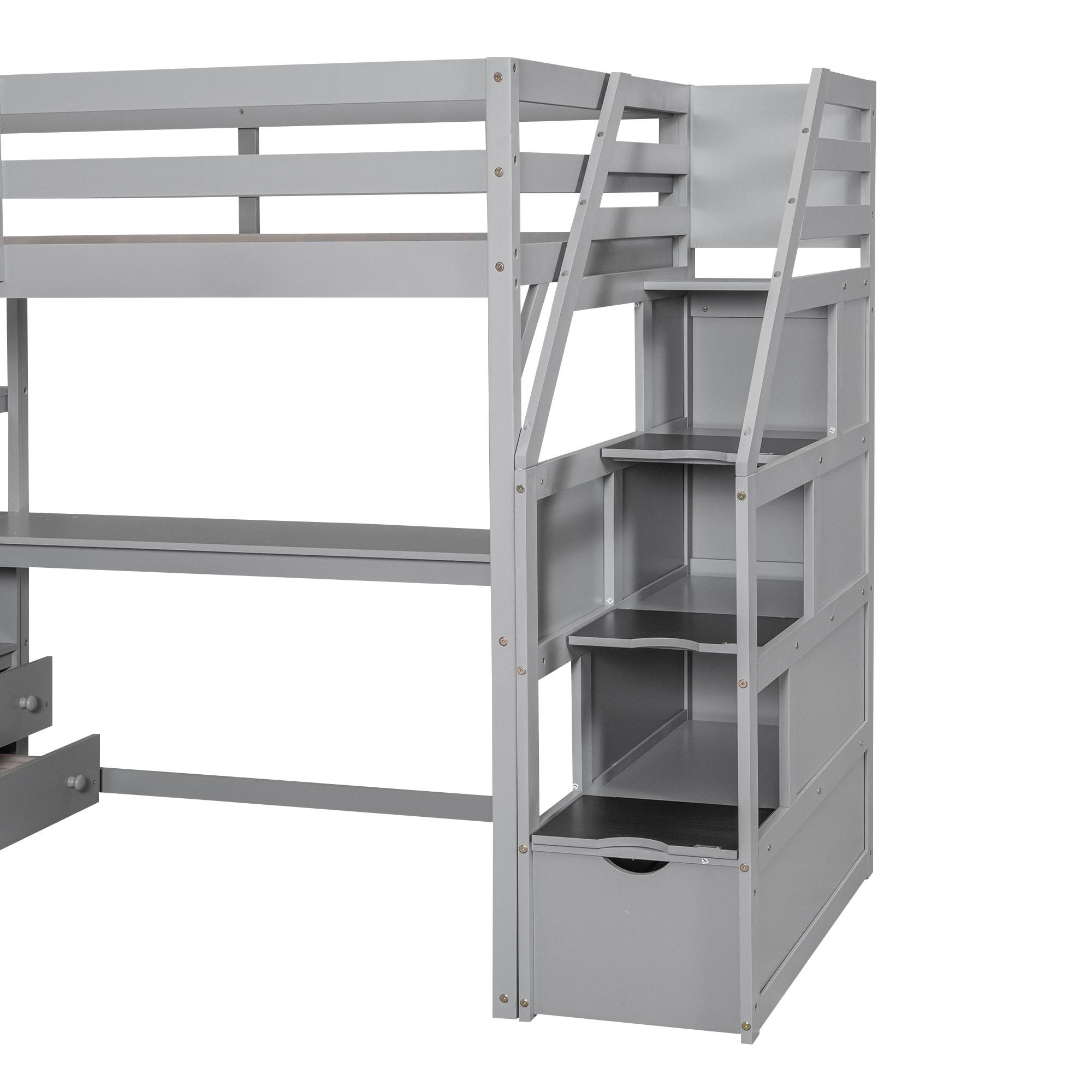 Stairway Twin Size Loft Bed with L Shape Desk, Shelves, Two Tier Drawers and Storage Staircase, Gray