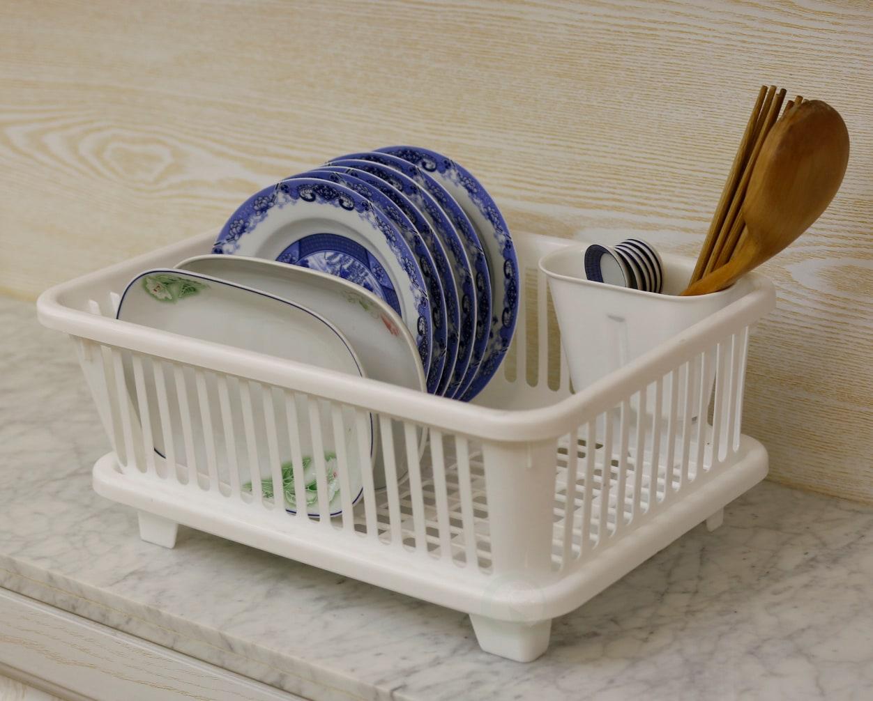 Basicwise Heavy Duty 2-Piece Plastic Dish Drying Rack Set in White - Includes Large Dish Drainer, Attached Drainboard, and Utensil Cup Holders for Home Kitchen Countertop Organization