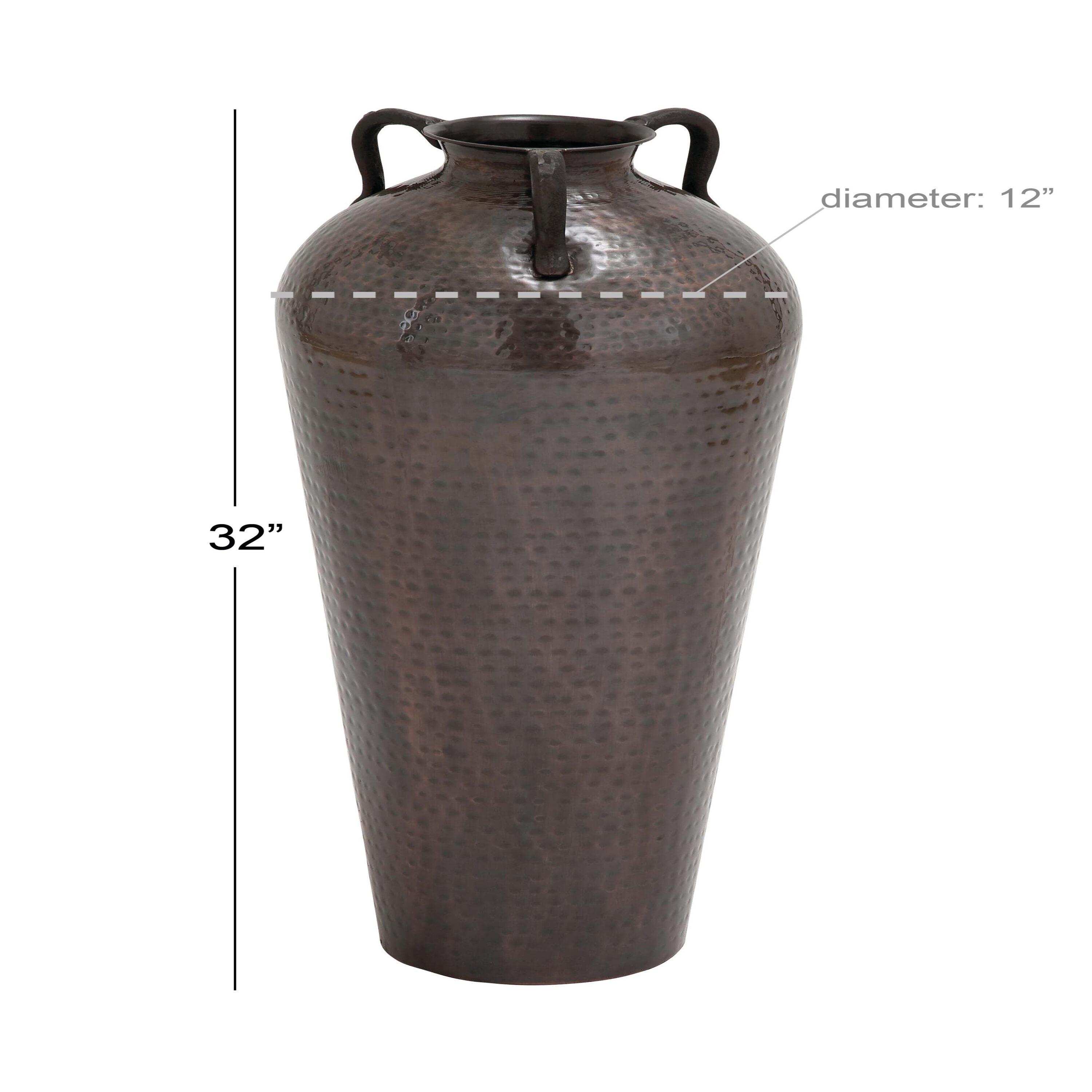 DecMode 32" Tall Floor Mediterranean Style Brown Metal Vase with Hammered Details and Handles