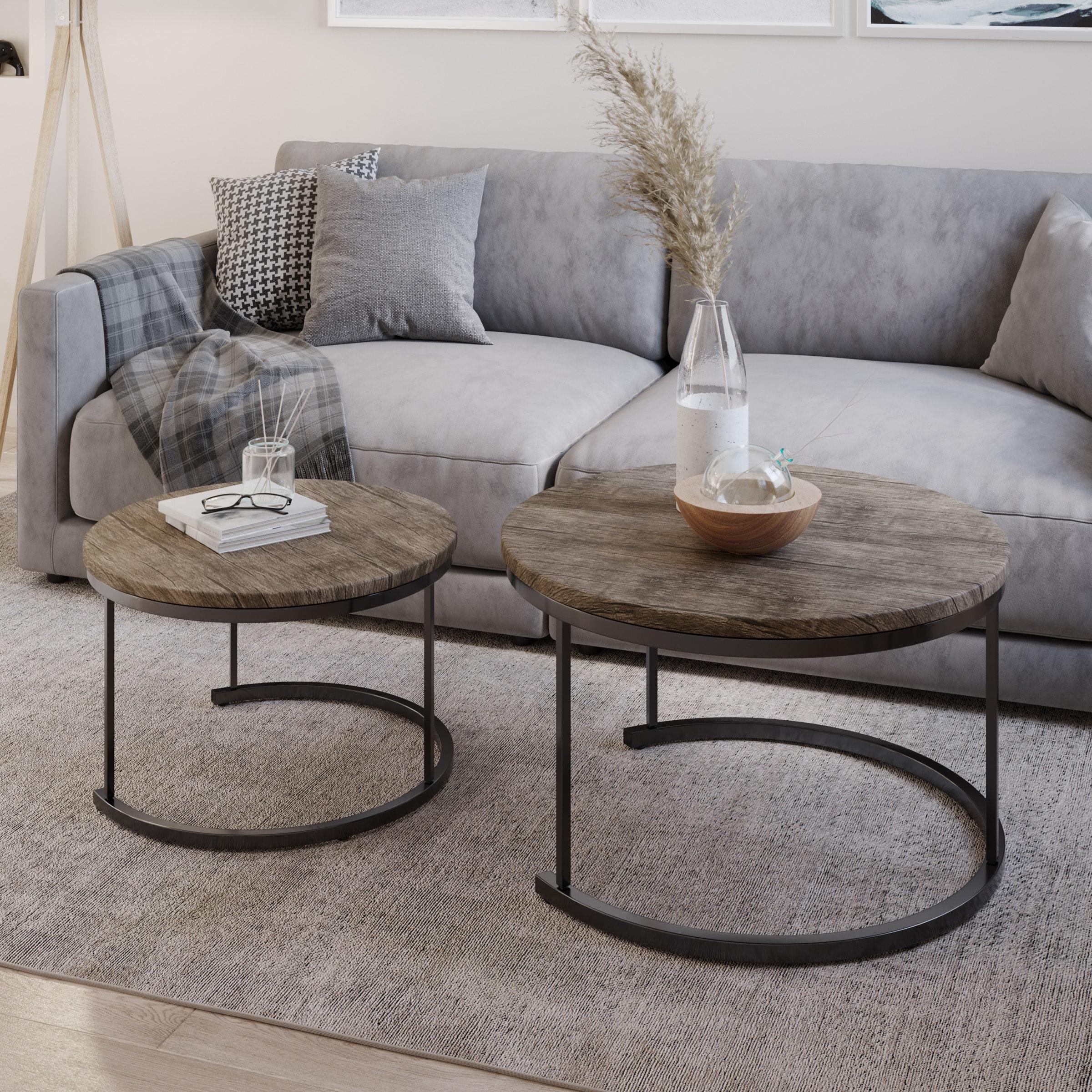 Lavish Home 2-Piece Round Nesting Coffee Tables, Modern Farmhouse Style, Gray/Brown