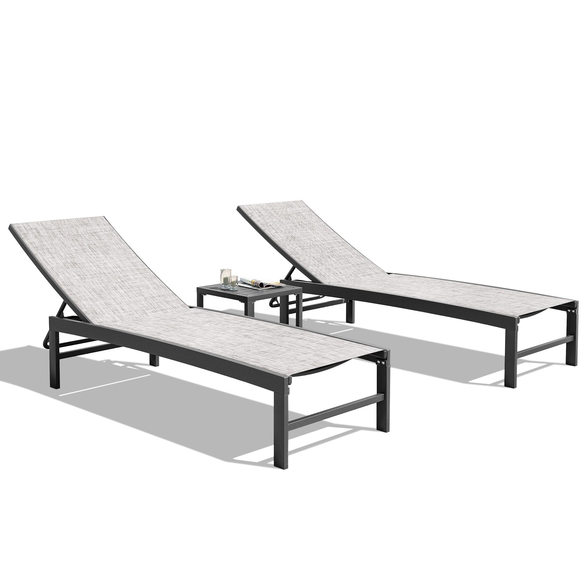 Crestlive Products Outdoor Aluminum Textilene Chaise Lounge Chairs and Table Set of 3 Earth Fabric, Dark Grey Frame