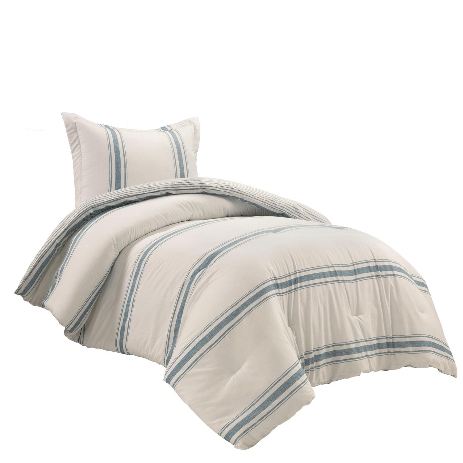 2pc Twin/Twin Extra Long Farmhouse Stripe Reversible Comforter & Sham Set Blue - Lush Décor: Year-Round, Plain Weave, 460 Thread Count