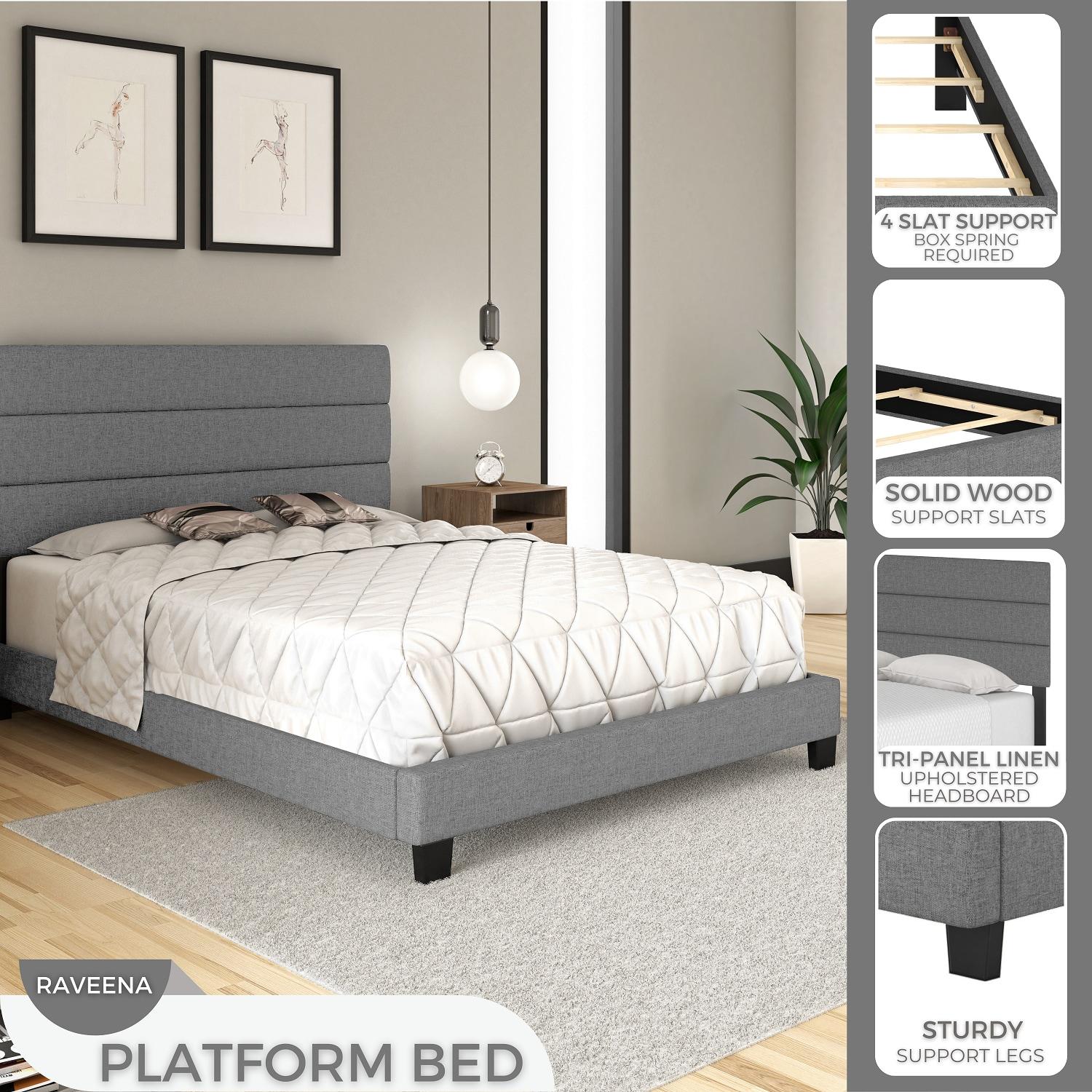 Boyd Sleep Ravenna Upholstered Linen Tri-Panel Channel Adjustable Height Headboard Platform Bed Frame