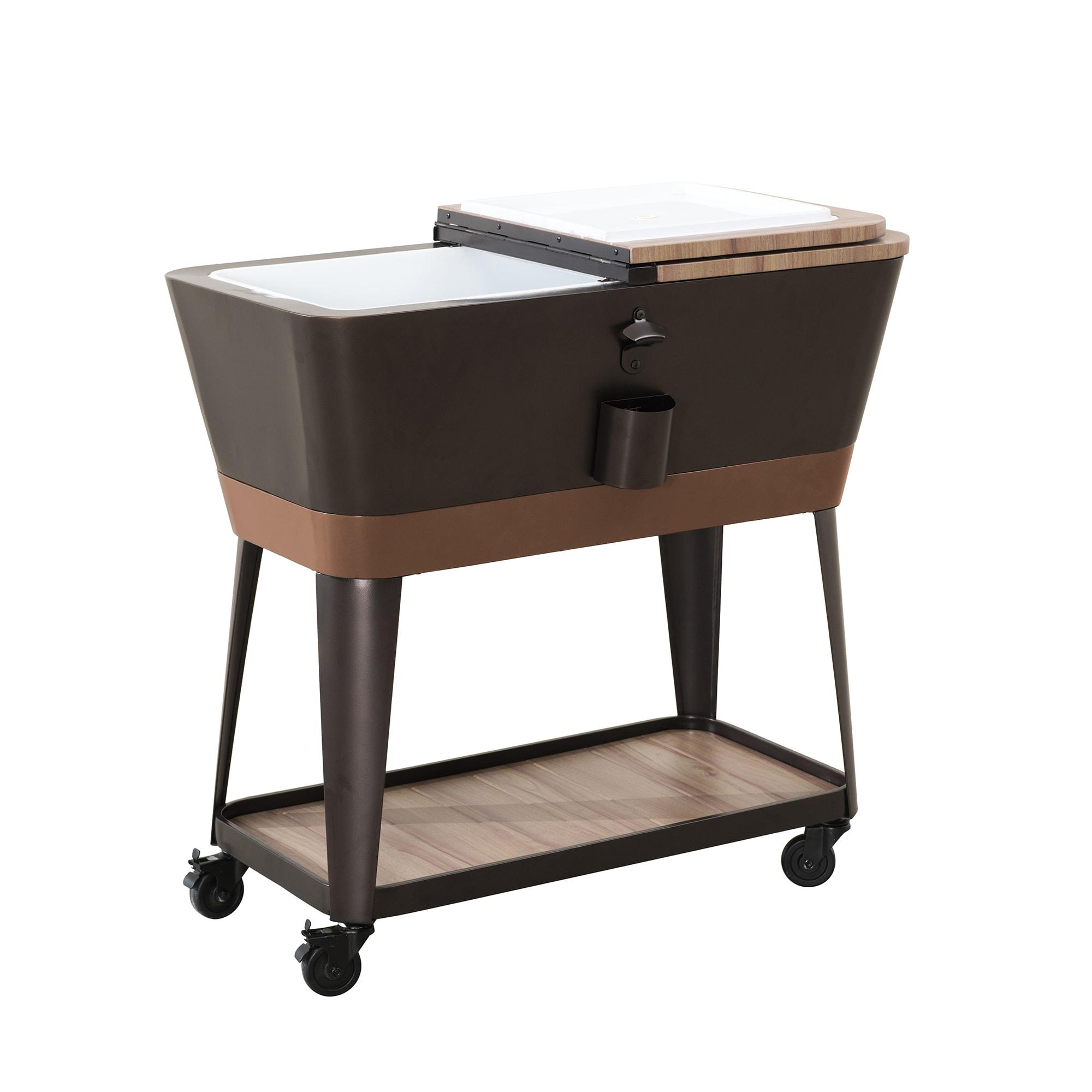 Sunjoy Durant 80-Quart Wood Grain Finish Metal Rolling Ice Chest Cooler Cart with Storage Shelf, Steel Bottle Opener, and Lockable Wheels