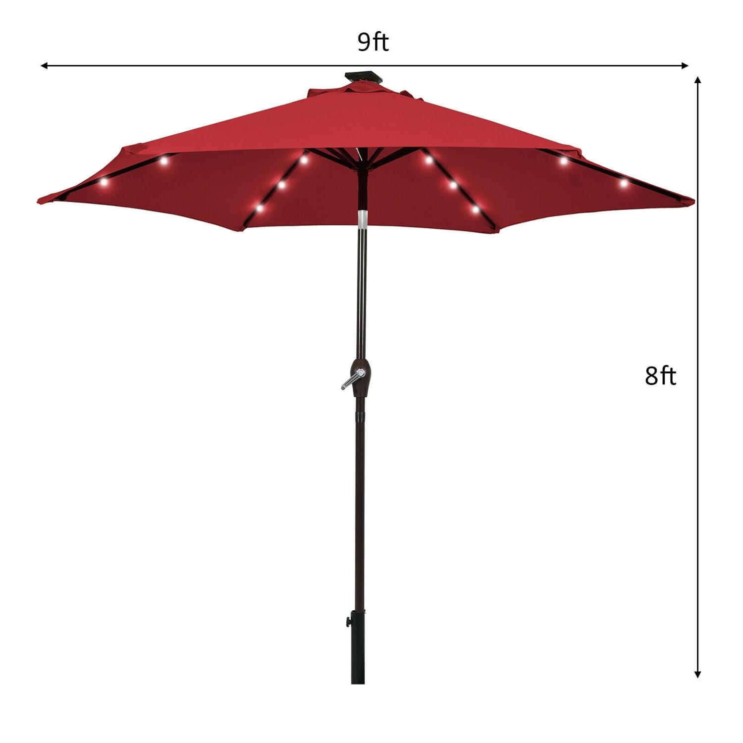 Kadyn Outdoor Patio Umbrella, Outdoor Market Table Umbrella, 9 Feet Solar LED Lighted Patio Market Umbrella Tilt Adjustment Crank Lift-Dark Red