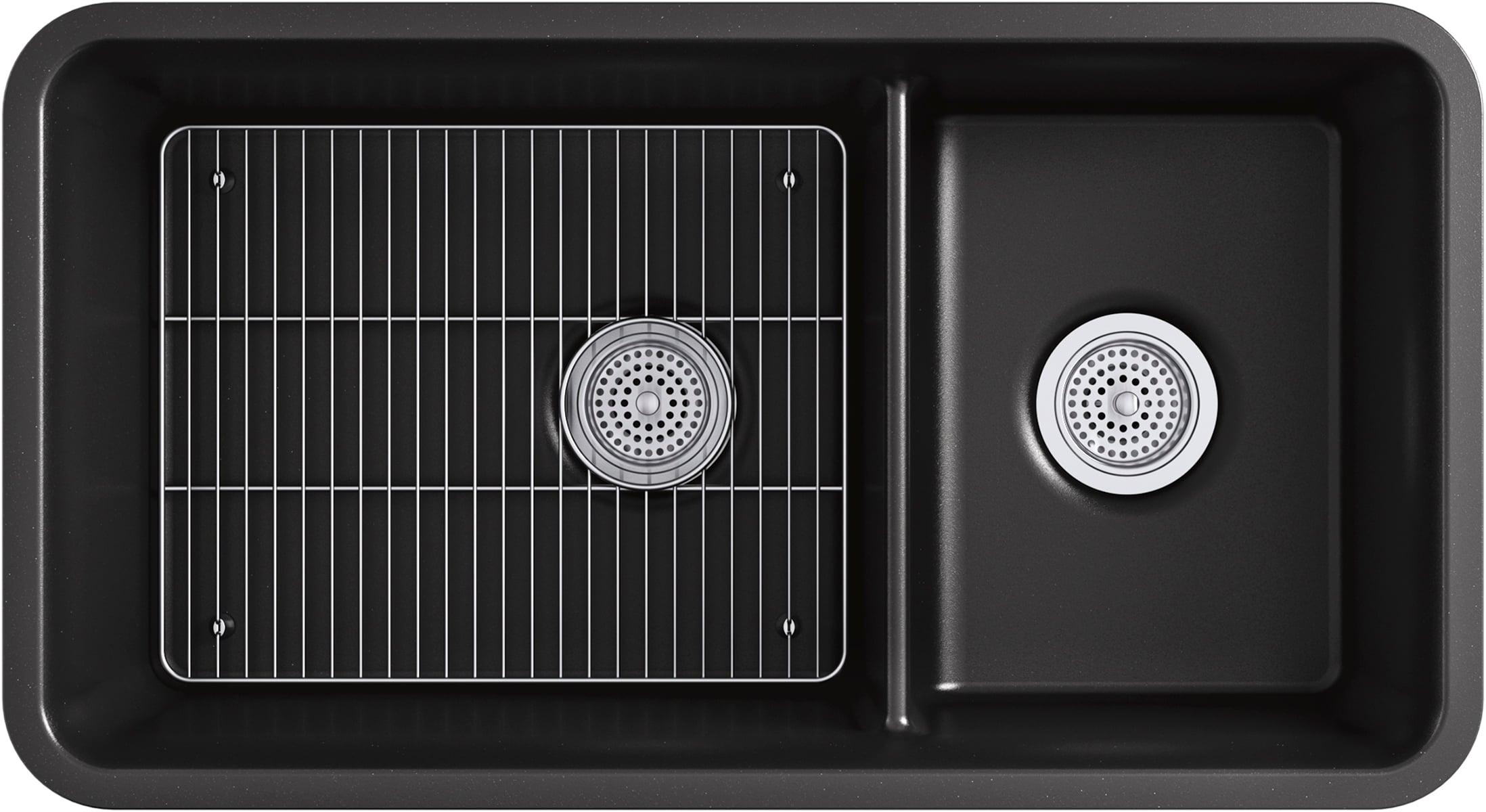 KOHLER K-8204-CM1 Cairn Sink, 33" Neoroc Composite Undermount Double-Bowl Kitchen Sink, Composite Kitchen Sink with Sink Rack, Matte Black