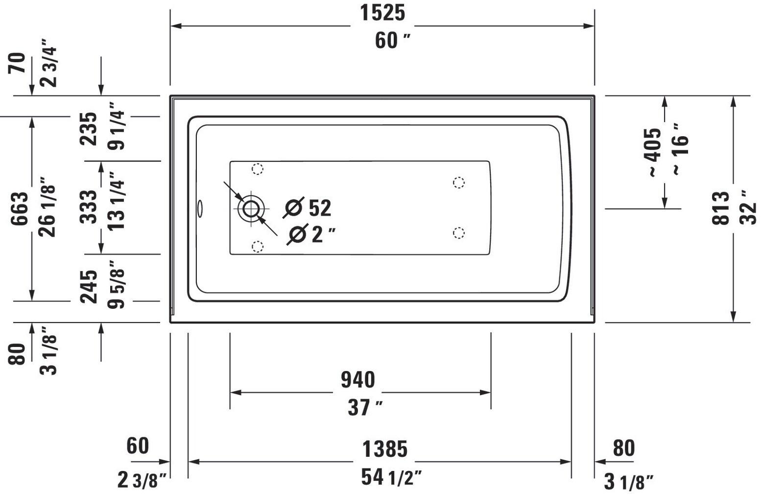 Architec 60" x 32" Alcove Soaking Bathtub with Left Drain (drain not included) - White