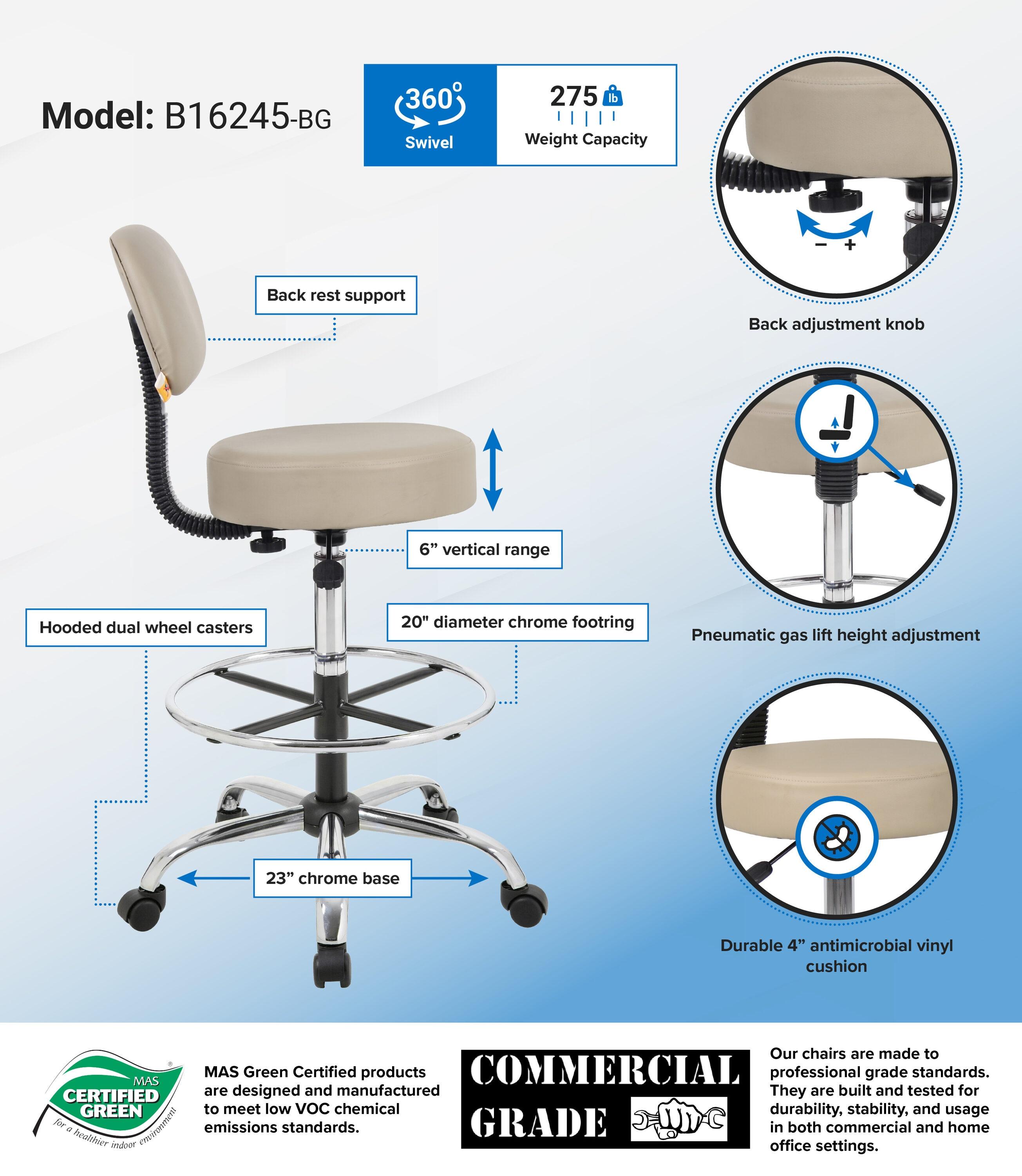 Boss Office Products Medical/Drafting Stool with Back Cushion Beige: Adjustable, Metal Frame, No Arms