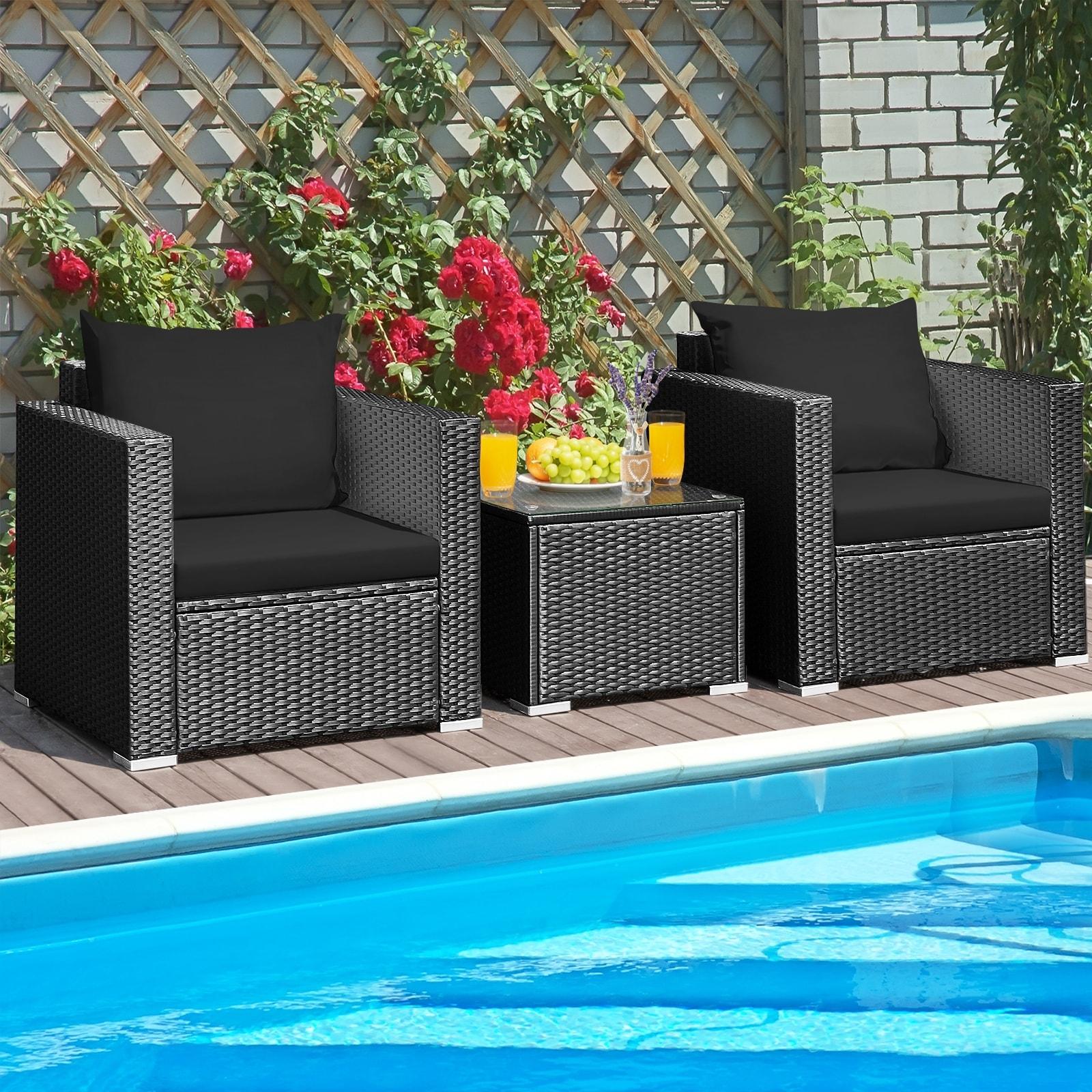 Resenkos 3 Pieces Patio Wicker Conversation Set, Outdoor Furniture Garden Conversation Bistro Sets with Coffee Table and Cushions-Black