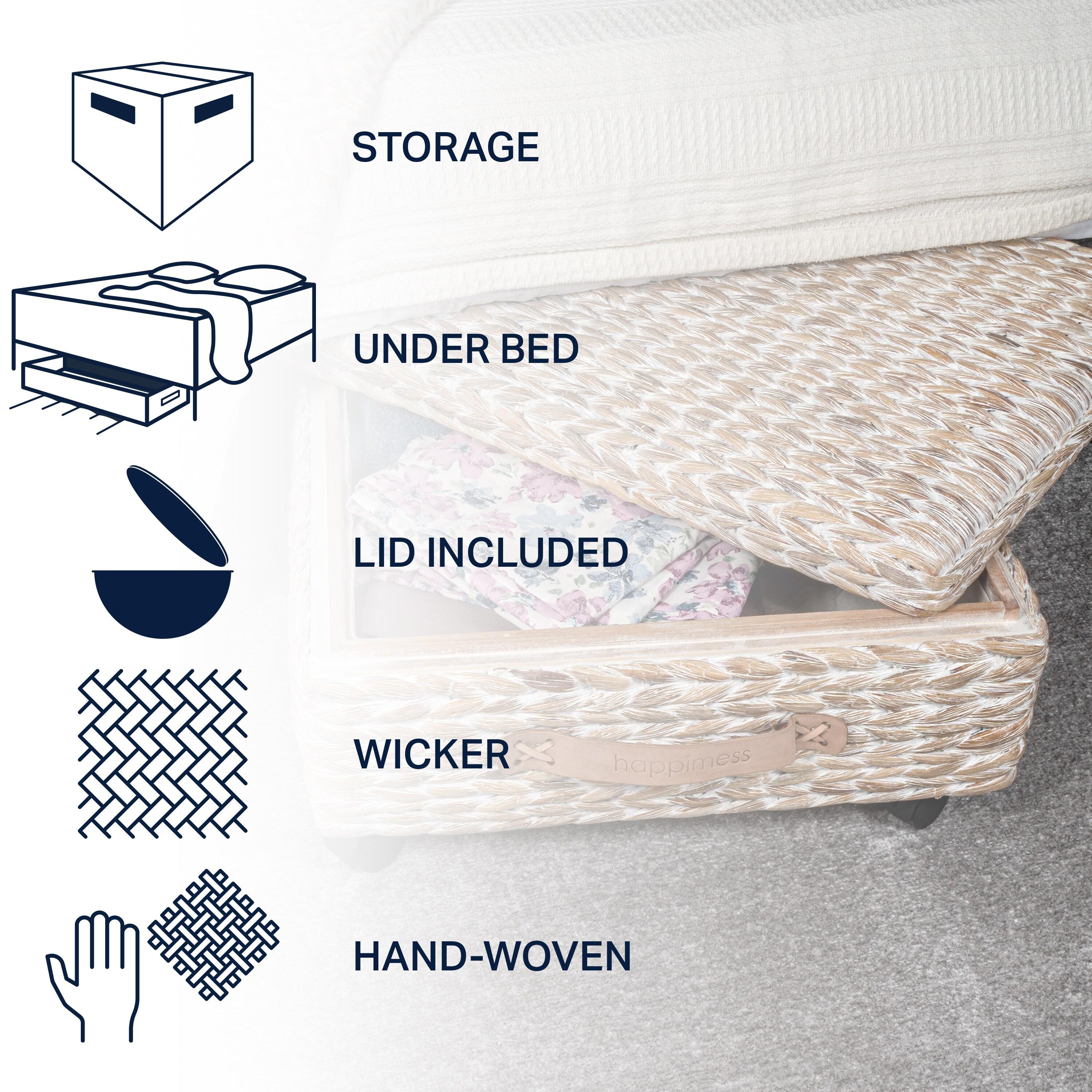 happimess Chett 26.38" Minimalist Hand-Woven Hyacinth/Wood Underbed Storage Bin with Wheels and Handles