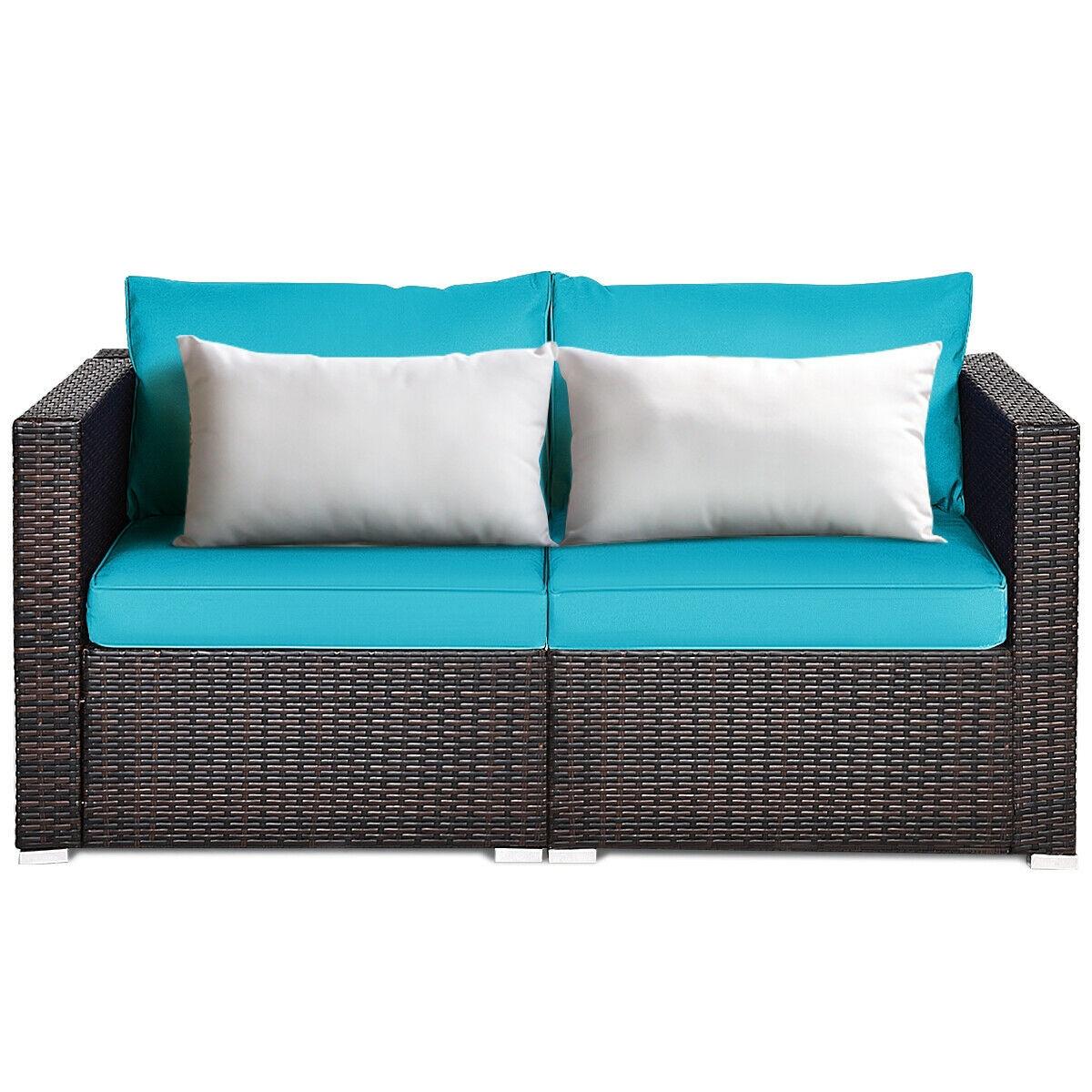 Costway 2PCS Patio Rattan Corner Sofa Sectional Furniture Blue Cushion