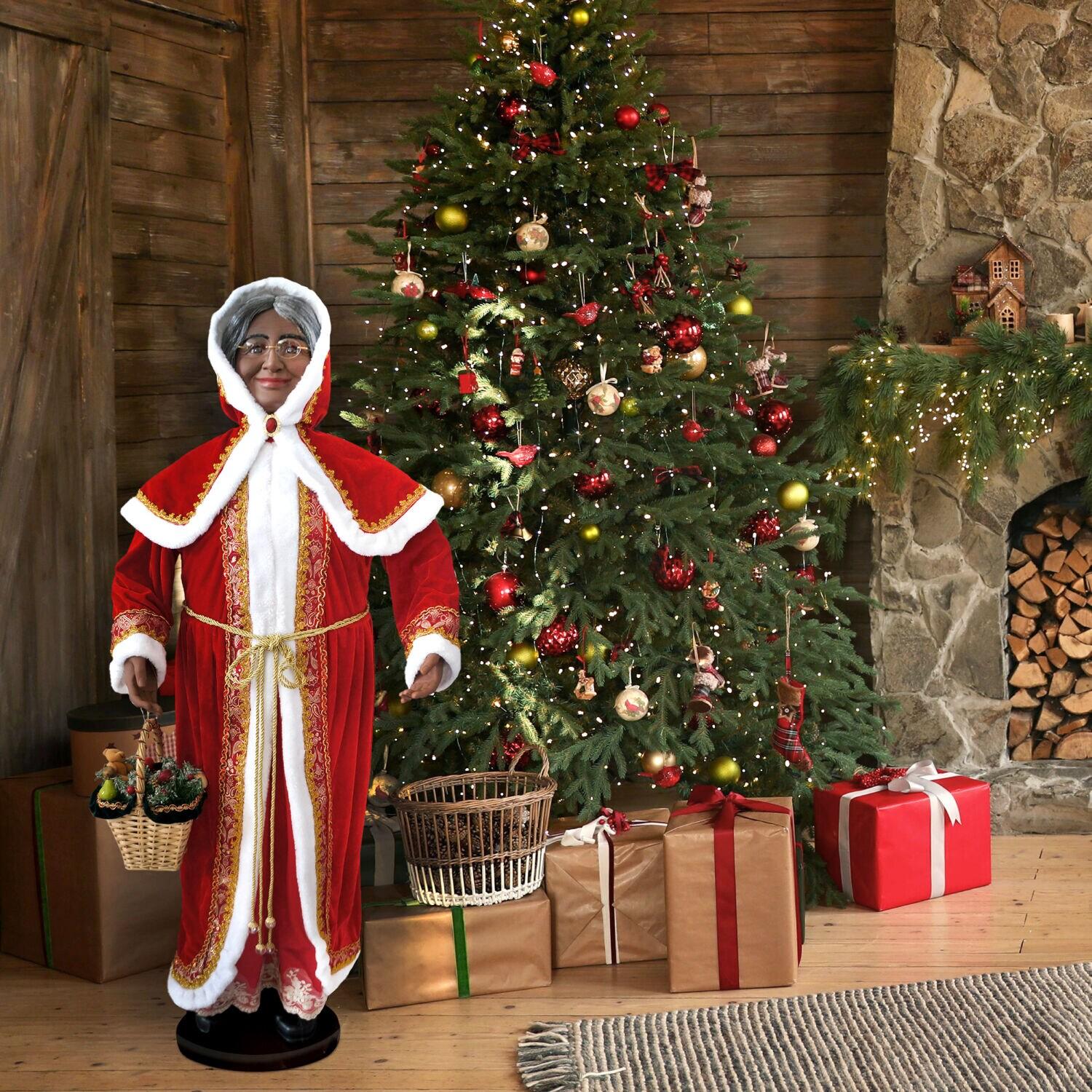 African American Dancing Mrs. Claus with Hooded Cloak and Basket Figurine