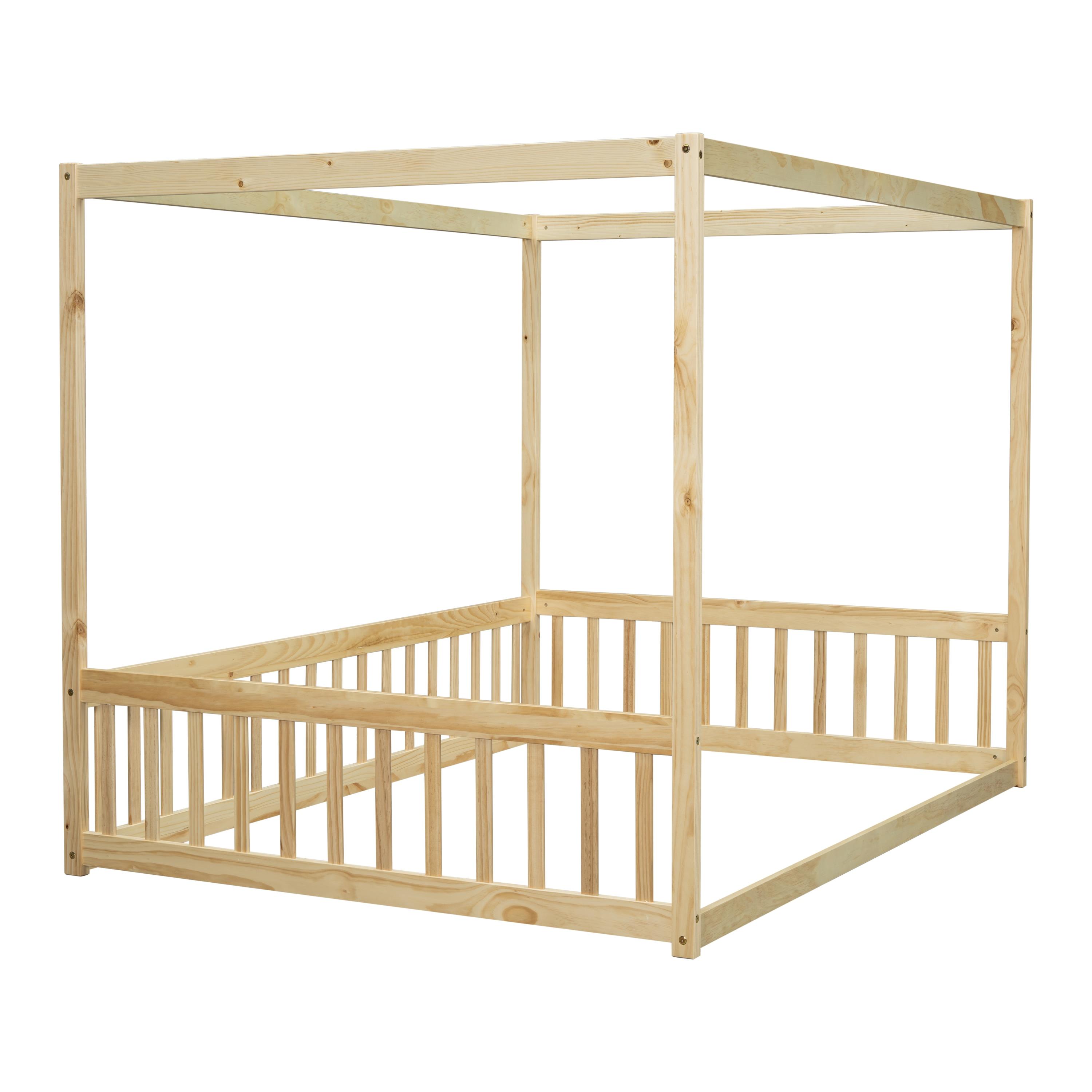 Canopy Frame Twin Size Floor Bed for Kids Bedroom,Wood Bed Frame with Fence for Boys/Girls/Teens,No Box Spring Needed,Natural