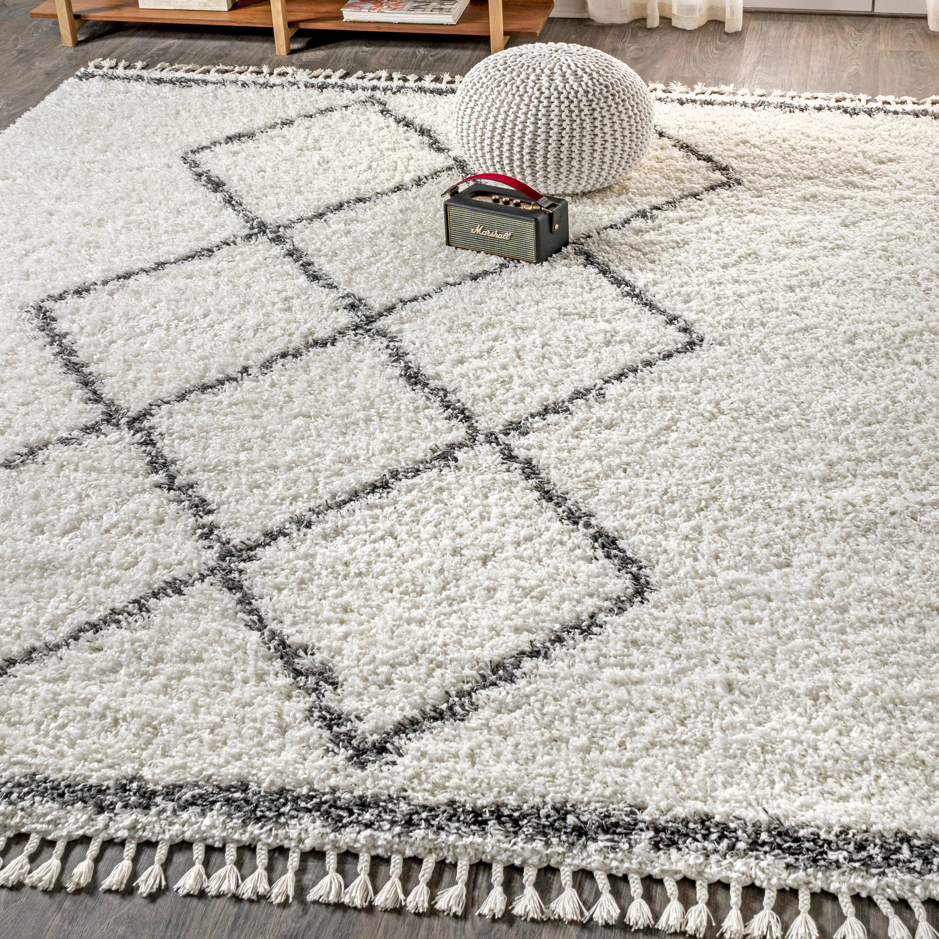 5'x8' Mercer Shag Plush Tassel Moroccan Geometric Trellis Area Rug, Cream/Grey - JONATHAN Y