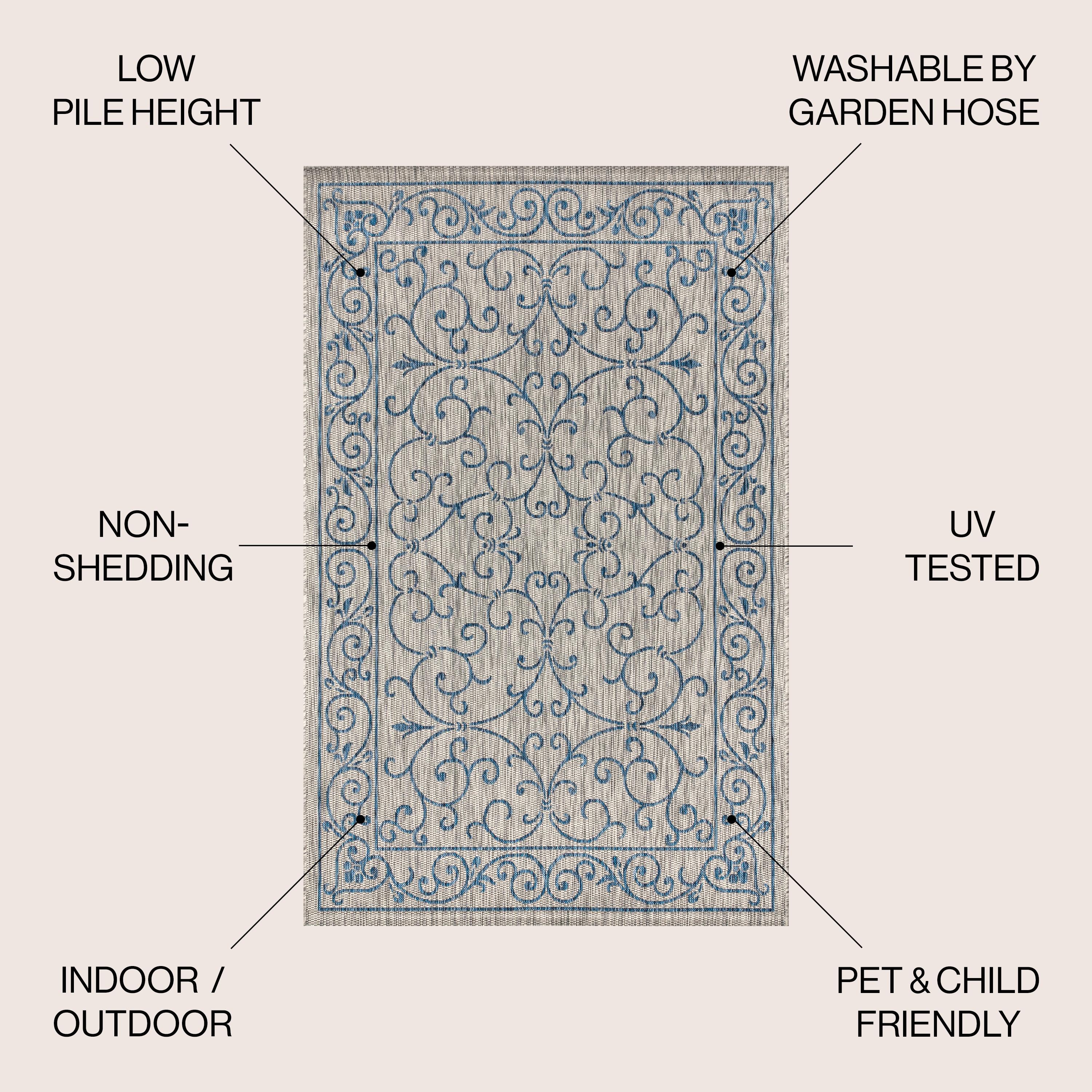 9' X 12' Charleston Vintage Filigree Textured Weave Indoor/Outdoor Area Rug, Gray/Navy - JONATHAN Y