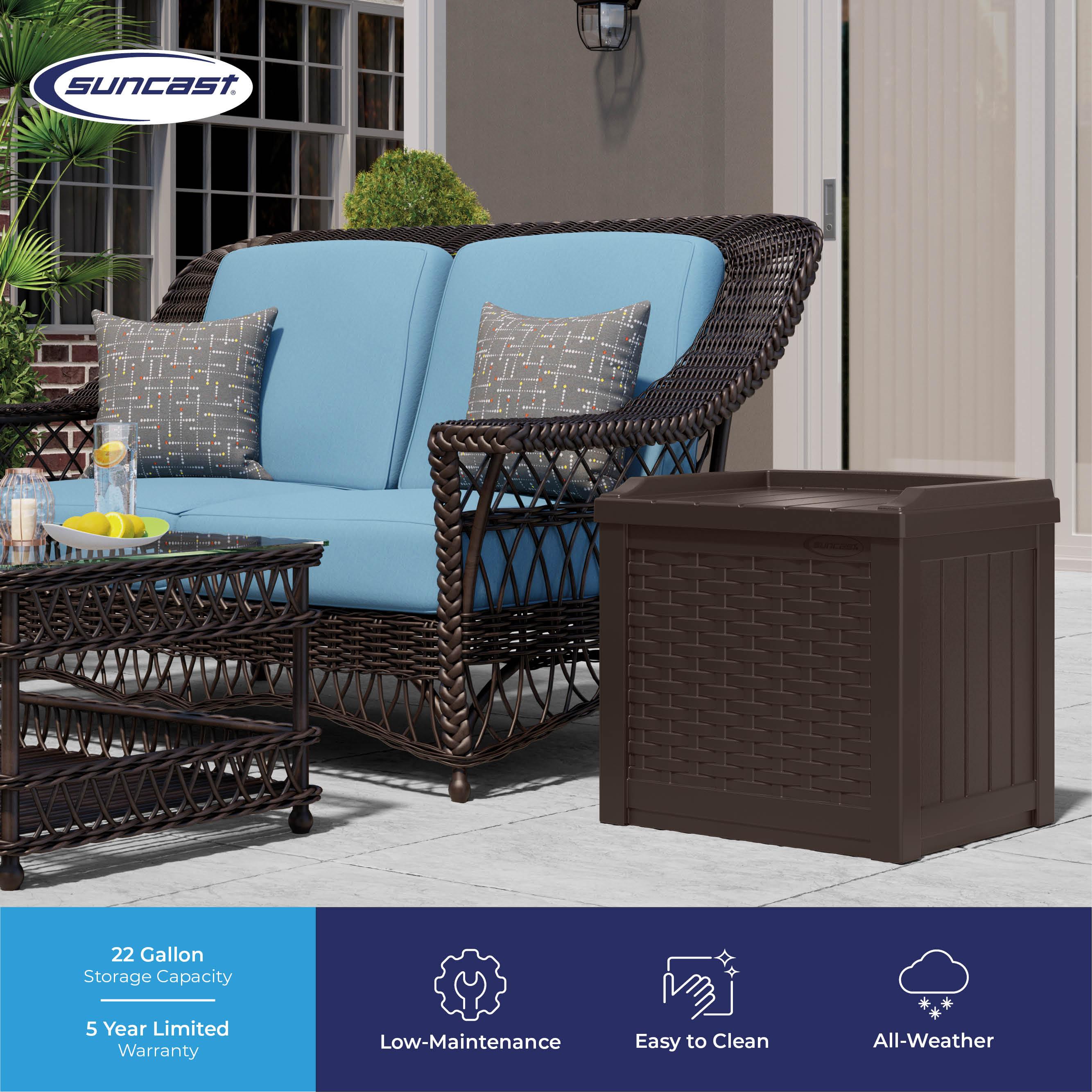Suncast Suncast Wicker 22 Gallon Water Resistant Resin Deck Box with Storage Seat in Java