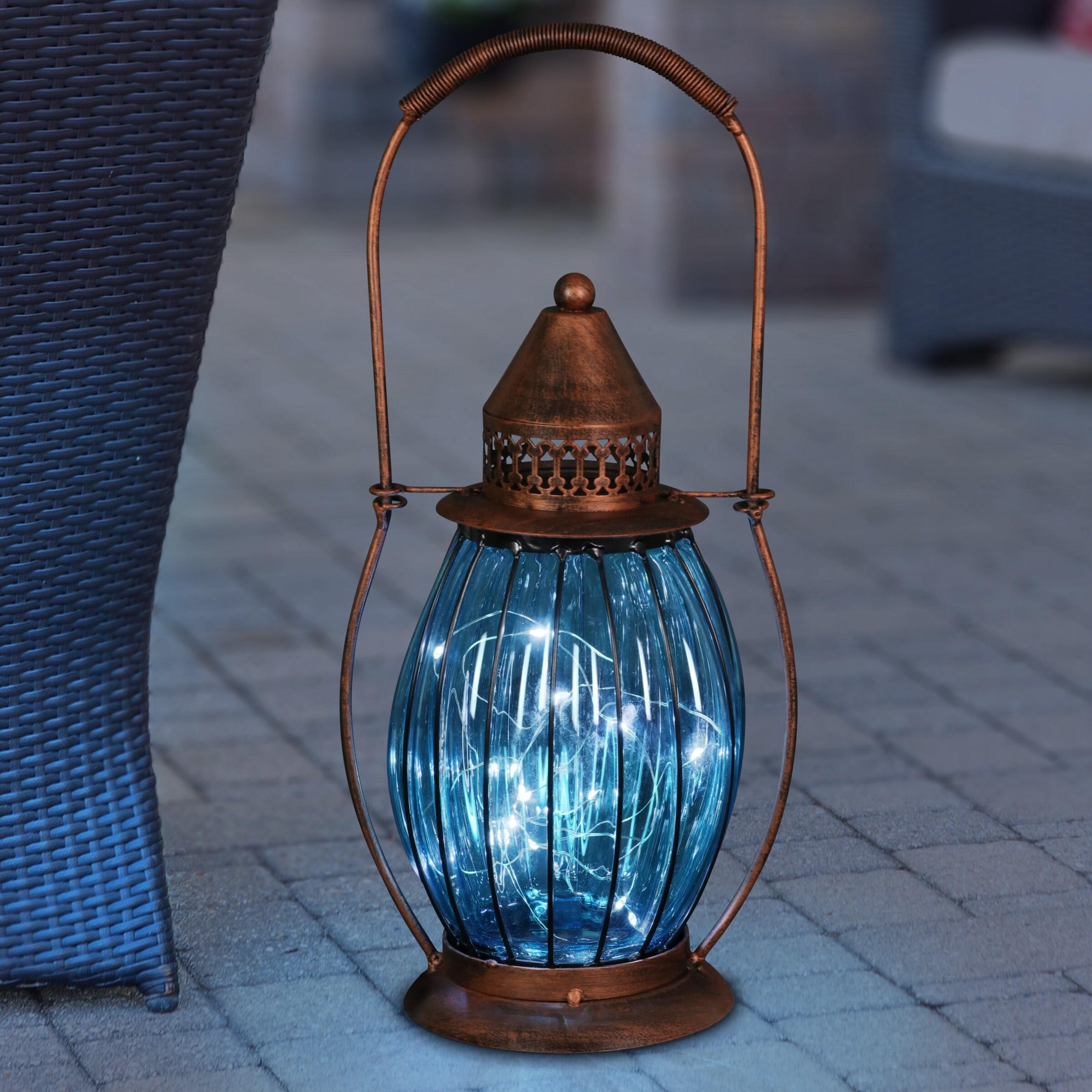 Exhart Exhart Solar Antique Metal and Glass Accent Lantern with Fifteen LED Fairy Firefly String Lights, 7 by 14"