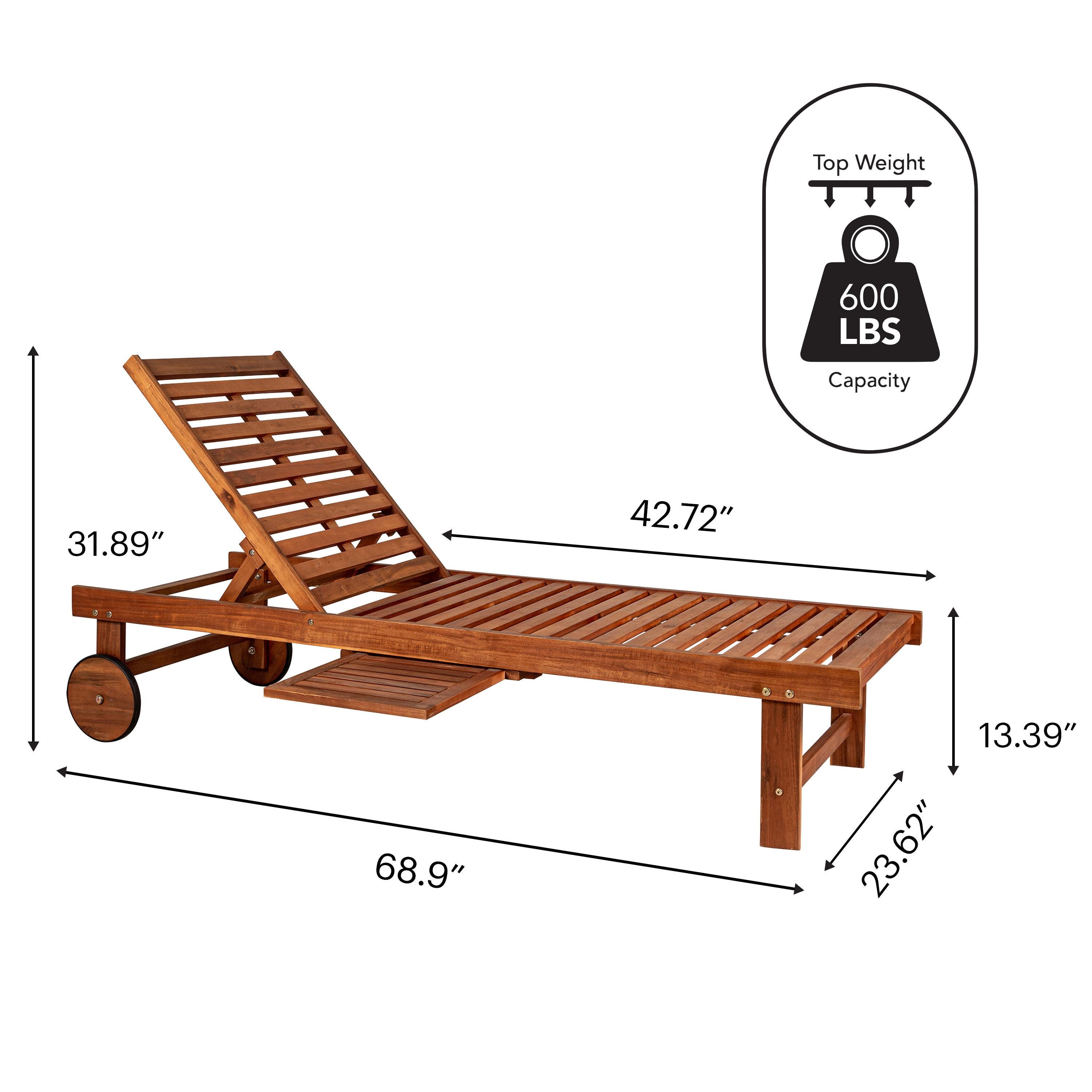 Seabrook 69 x 24 Inch Outdoor Acacia Wood Lounger with Cushion, 5-Position Back, Slide Table & Wheels, Light Brown -JONATHAN Y