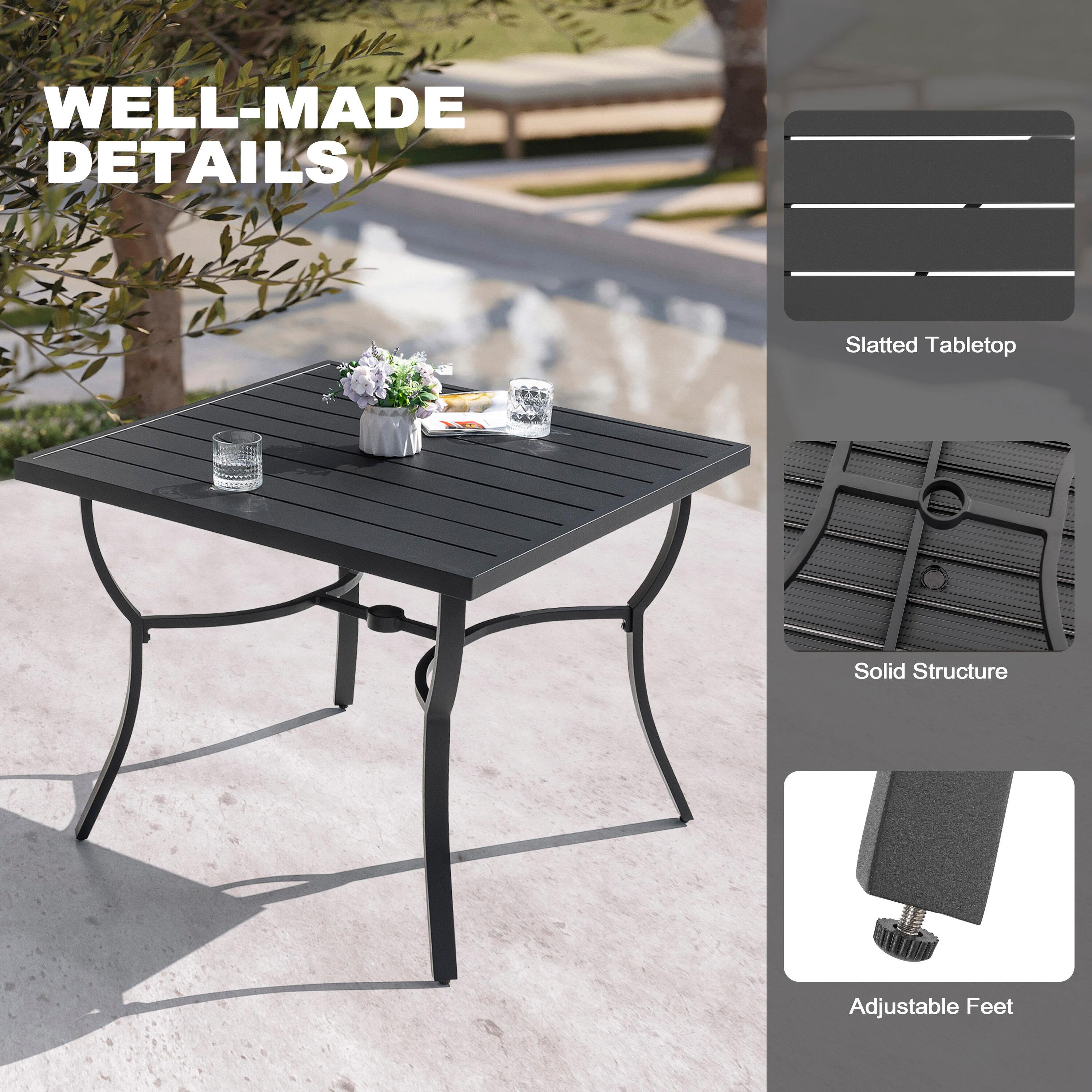 Nuu Garden Cast Aluminum All-Weather Square Outdoor Dining Table with Umbrella Hole, Black